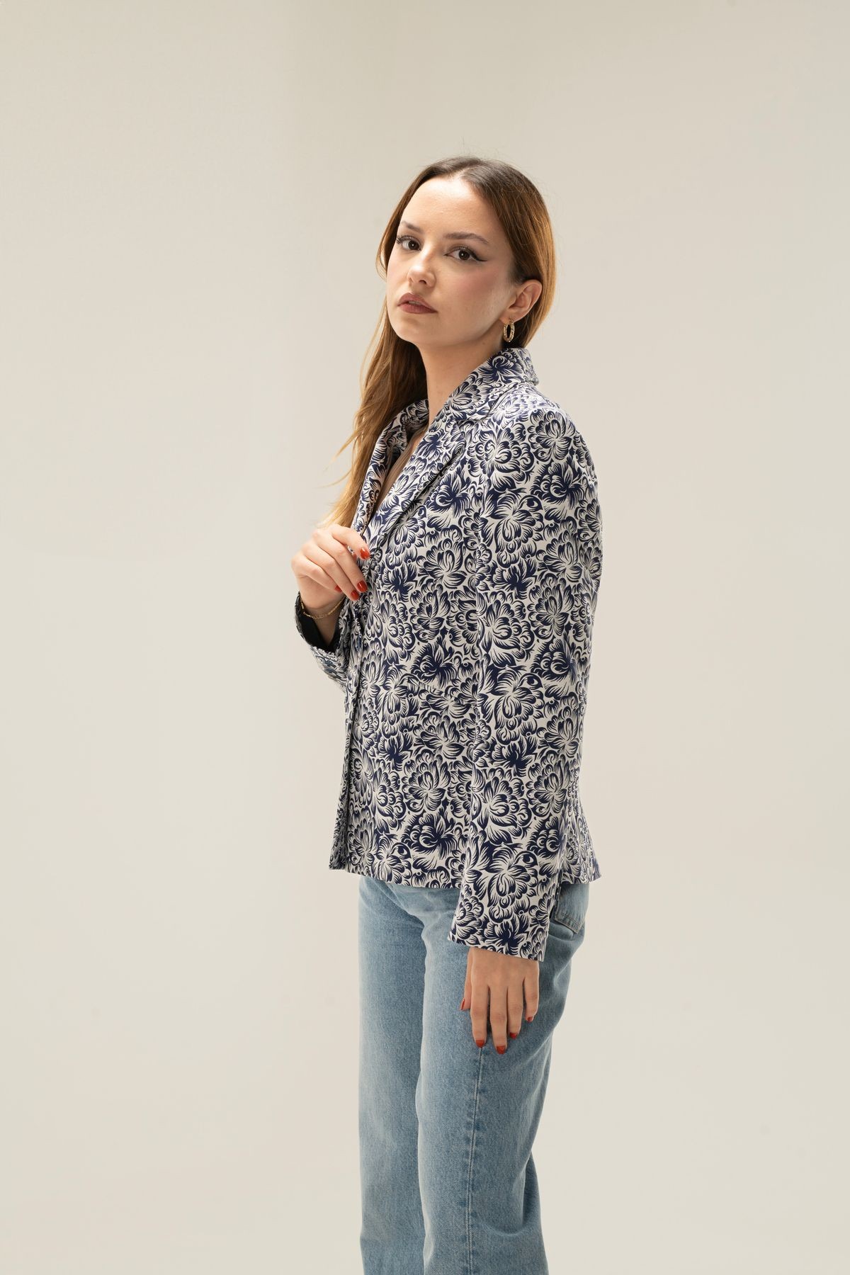 One-Button Blazer Jacket with Patterned Lining Wadding