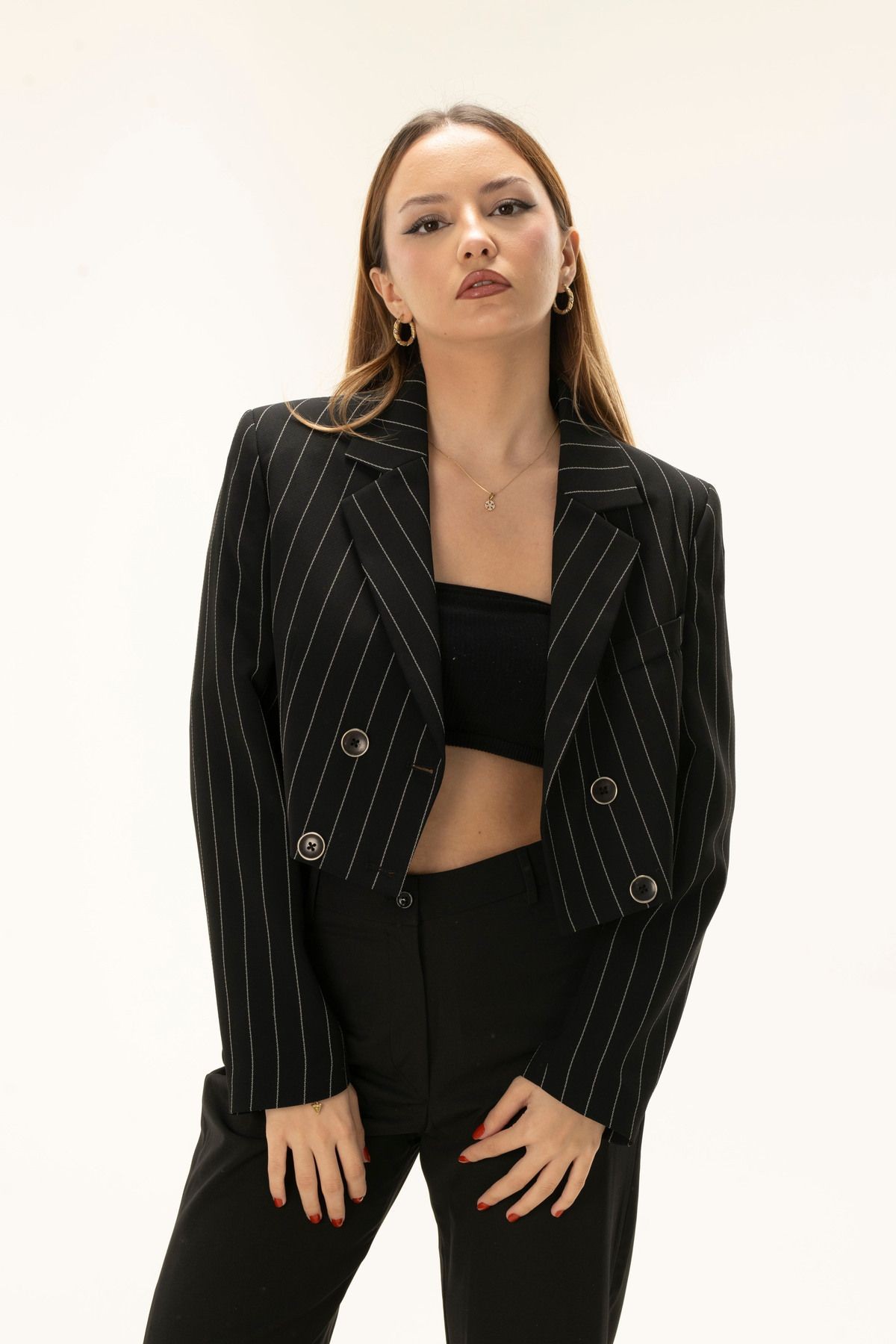 Kruvaze Çizgili Crop Astarlı Vatkalı Blazer Ceket