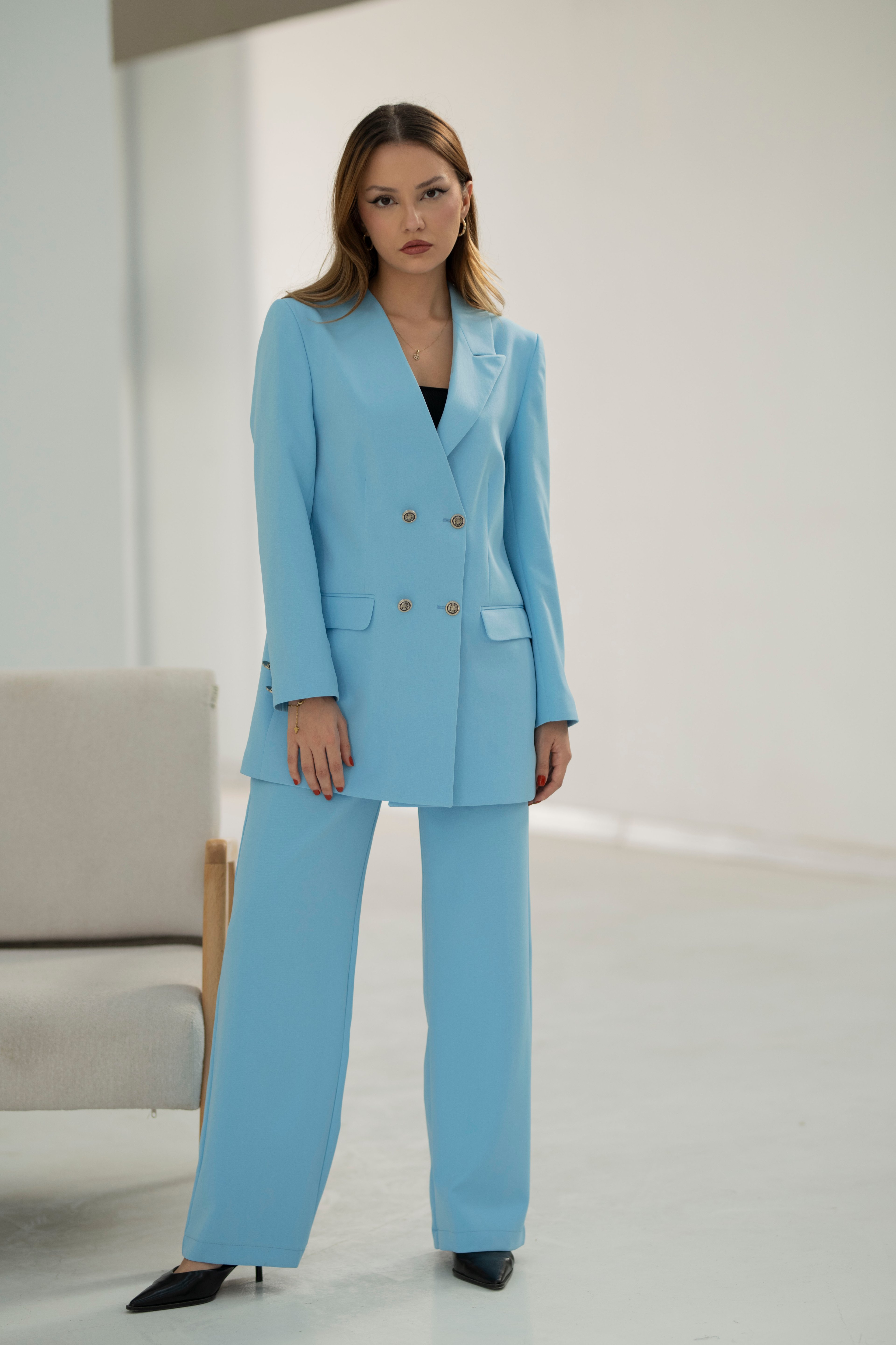 Tek Yaka Blazer Ceket-Pantolon Alt-Üst Takım Exclusive - Bebe Mavisi