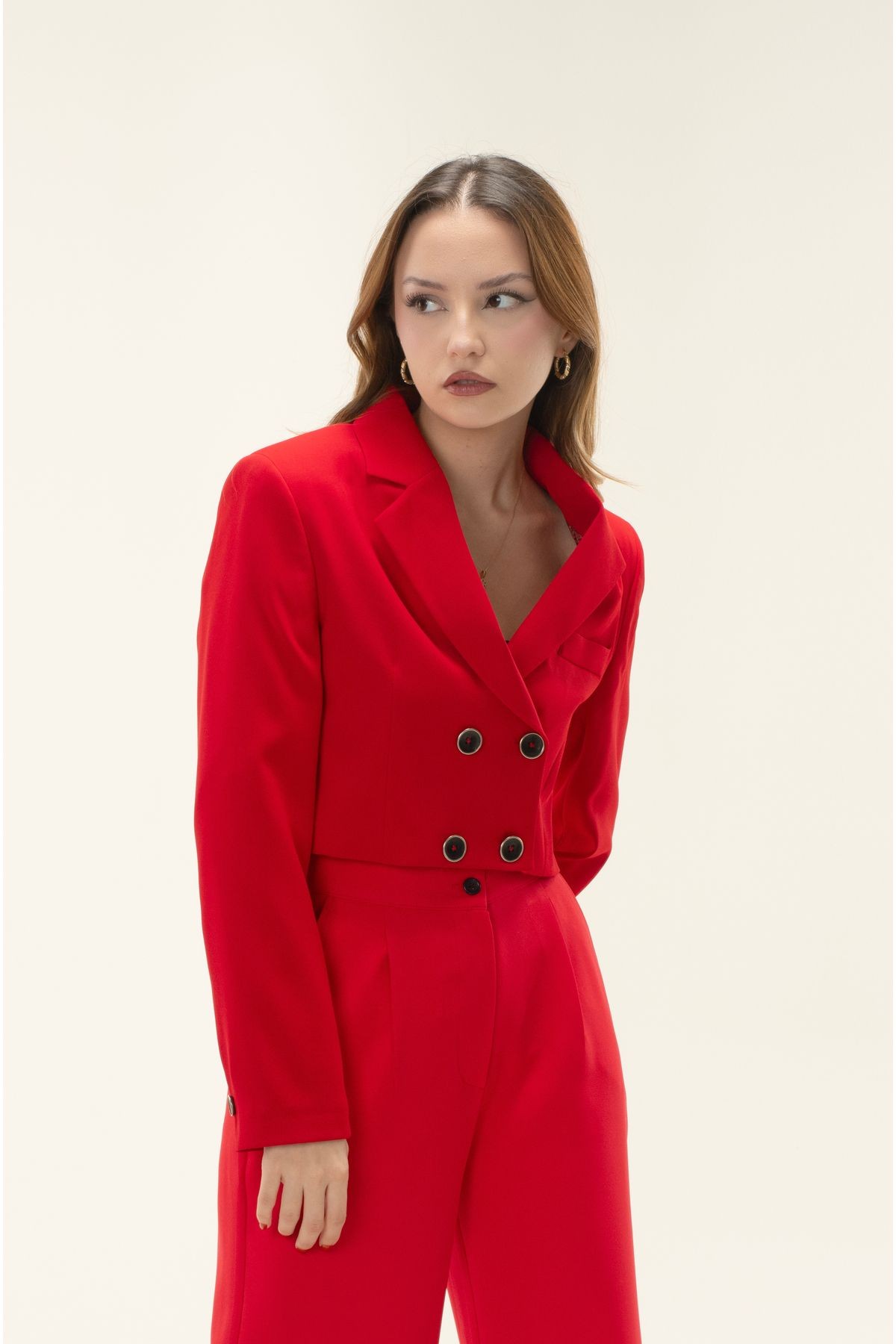  Crop Astarlı Vatkalı Blazer Ceket - Kırmızı