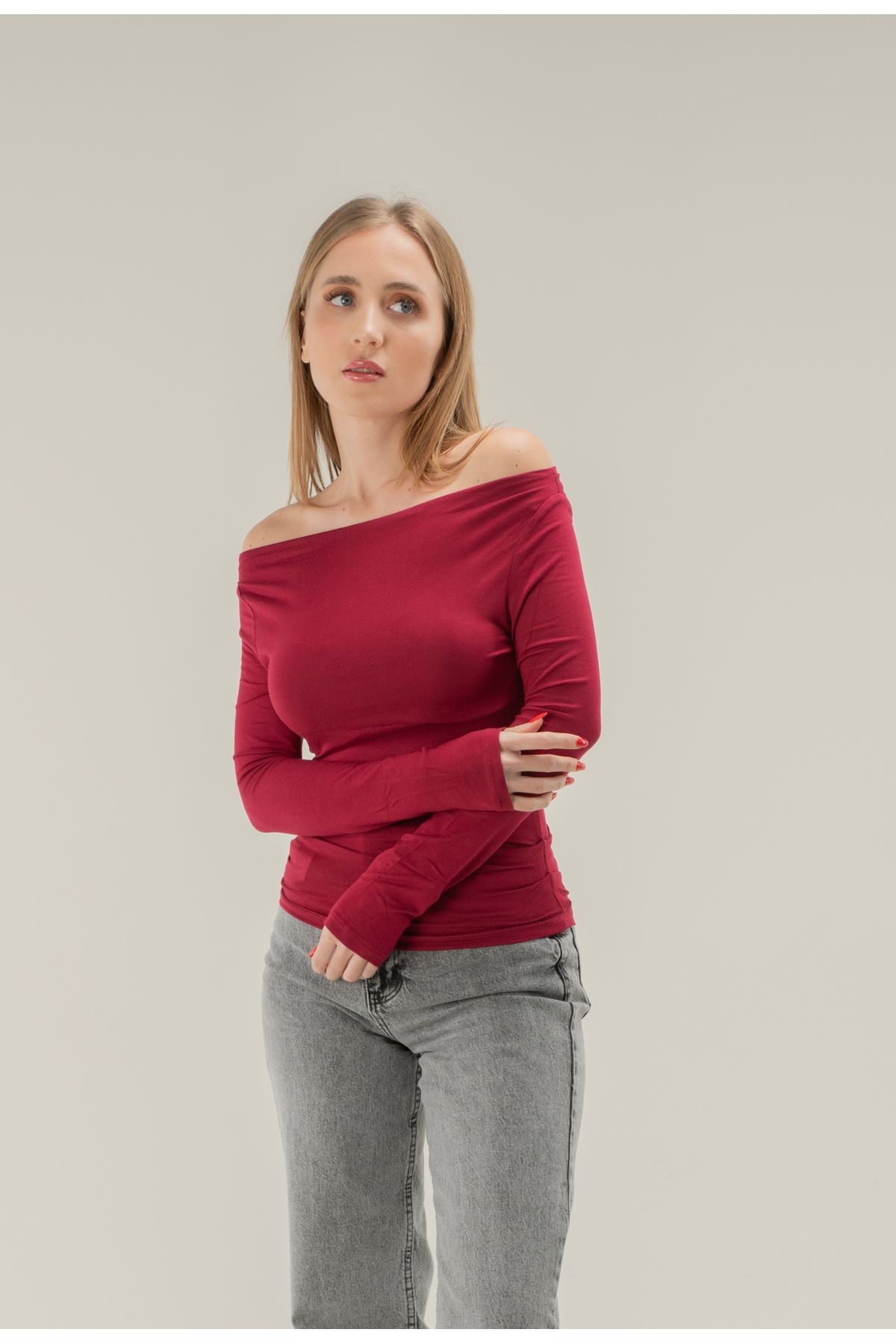 Degaje Yaka Soft Touch Bambu Yan Büzgülü T-shirt - Bordo
