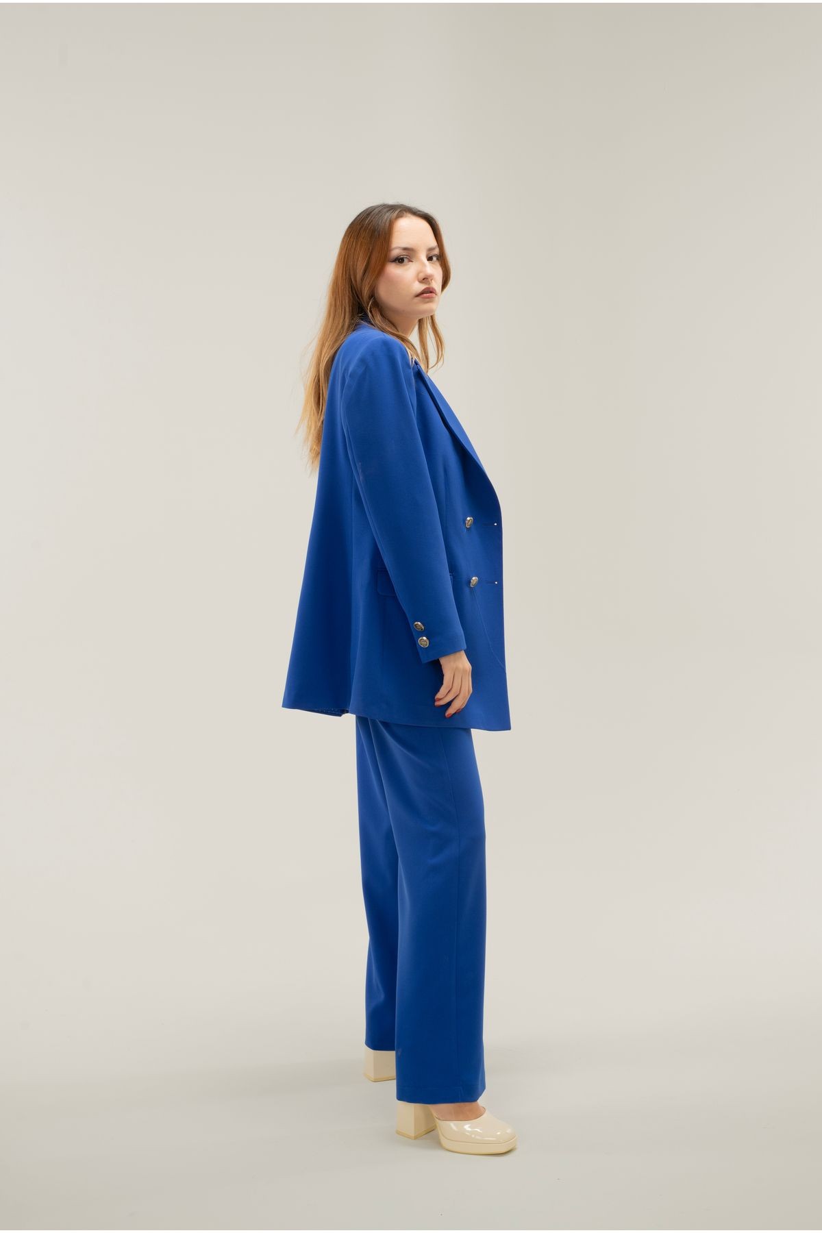 Kruvaze Vatkalı Astarlı Gümüş Düğme Blazer ceket - saks