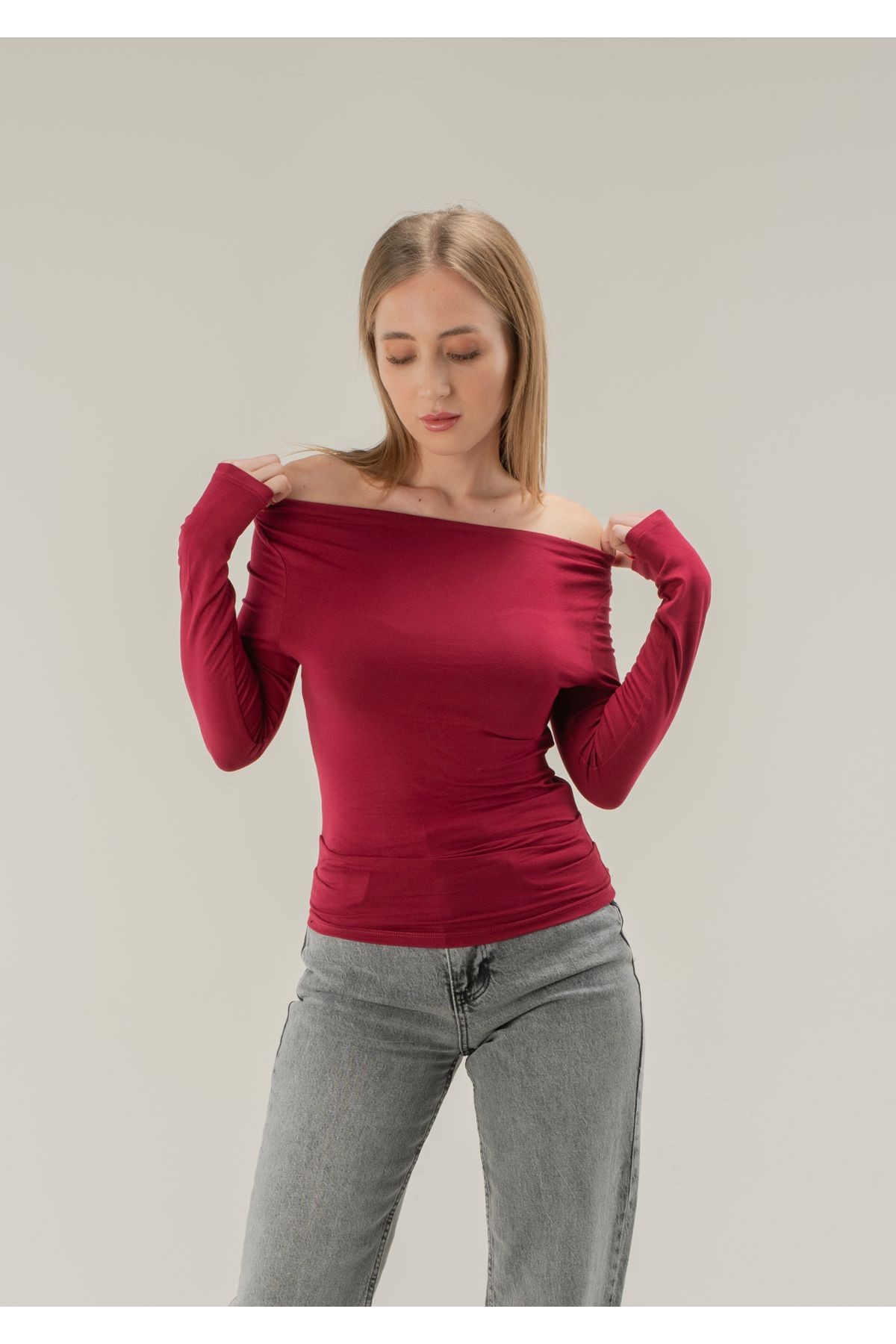 Degaje Yaka Soft Touch Bambu Yan Büzgülü T-shirt - Bordo