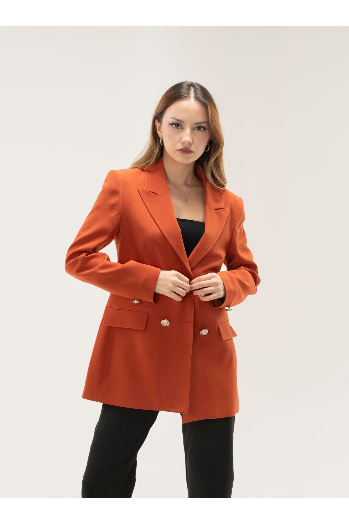 Kruvaze Vatkalı Astarlı Gümüş Düğme Blazer ceket - kiremit