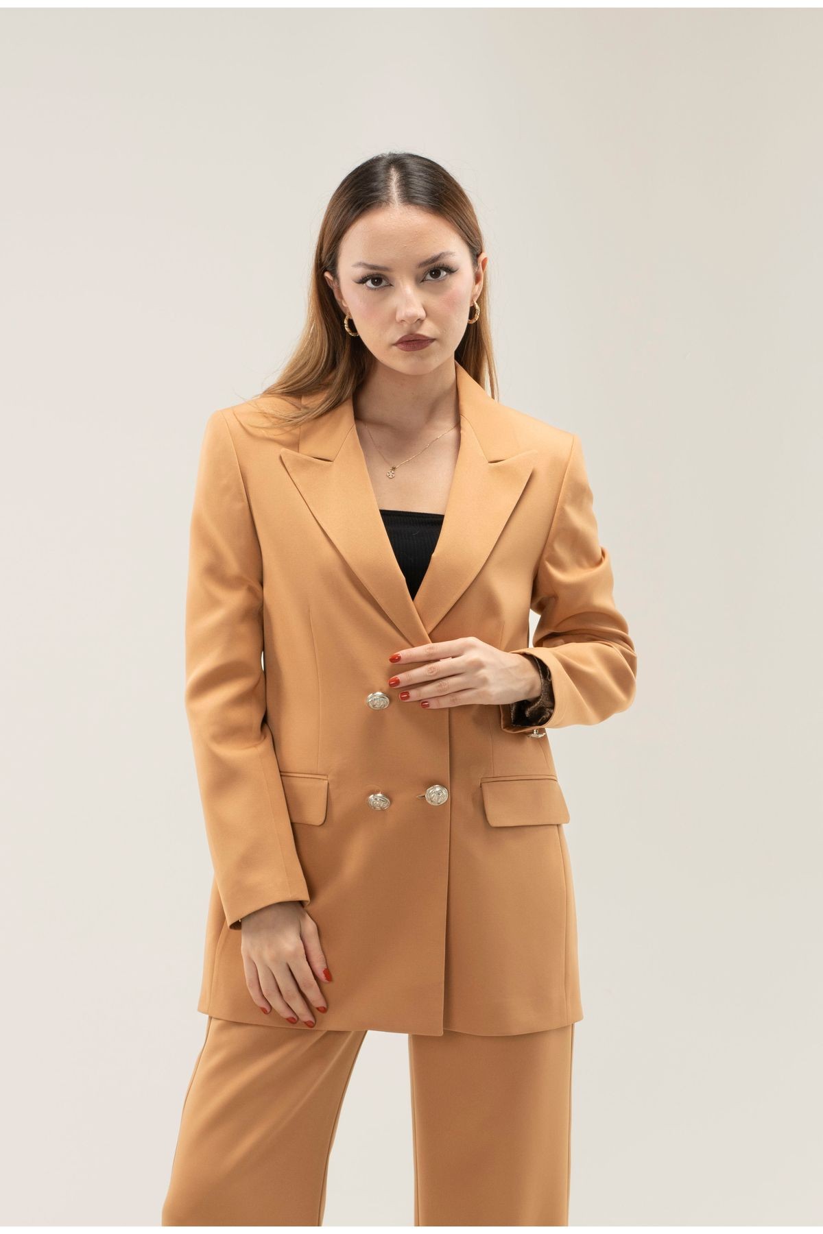 Kruvaze Vatkalı Astarlı Gümüş Düğme Blazer ceket - CARAMEL