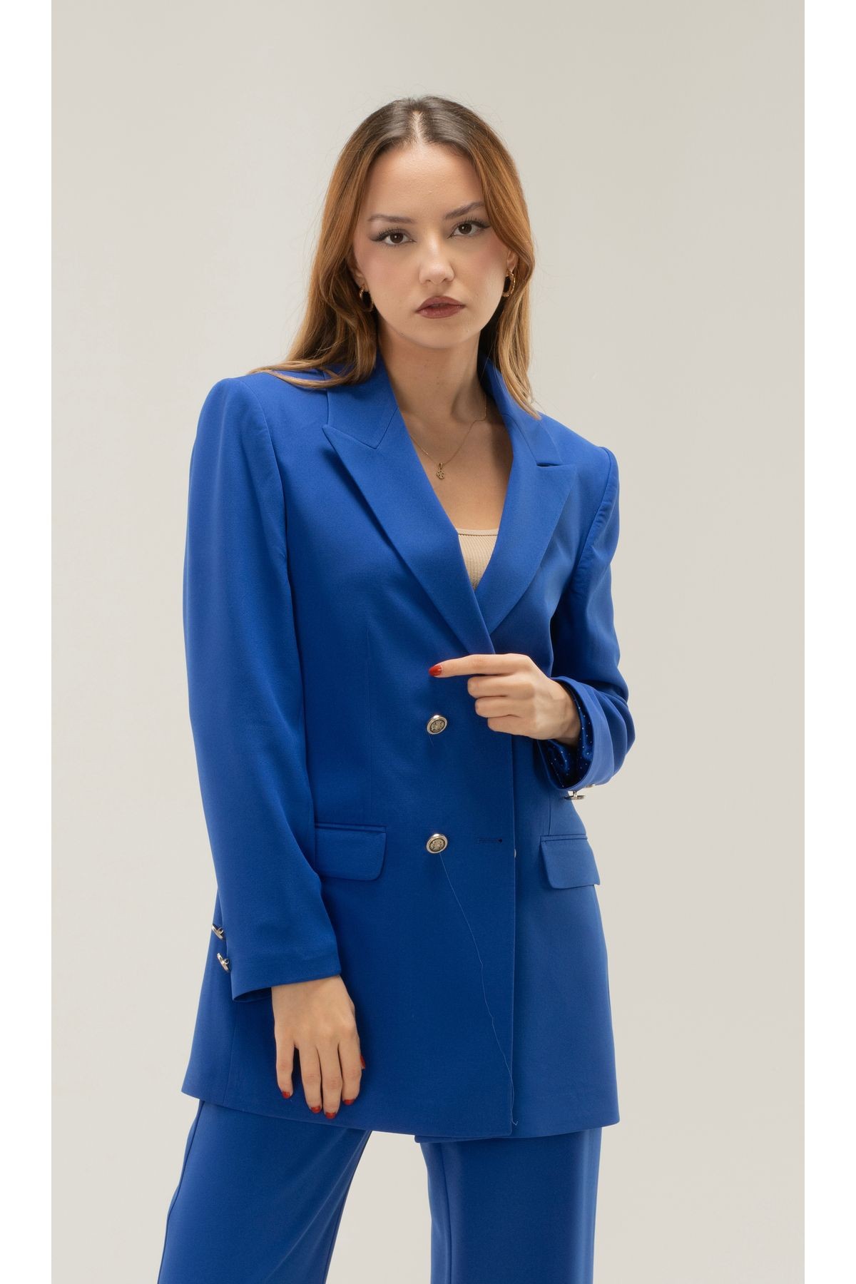 Kruvaze Vatkalı Astarlı Gümüş Düğme Blazer ceket - saks