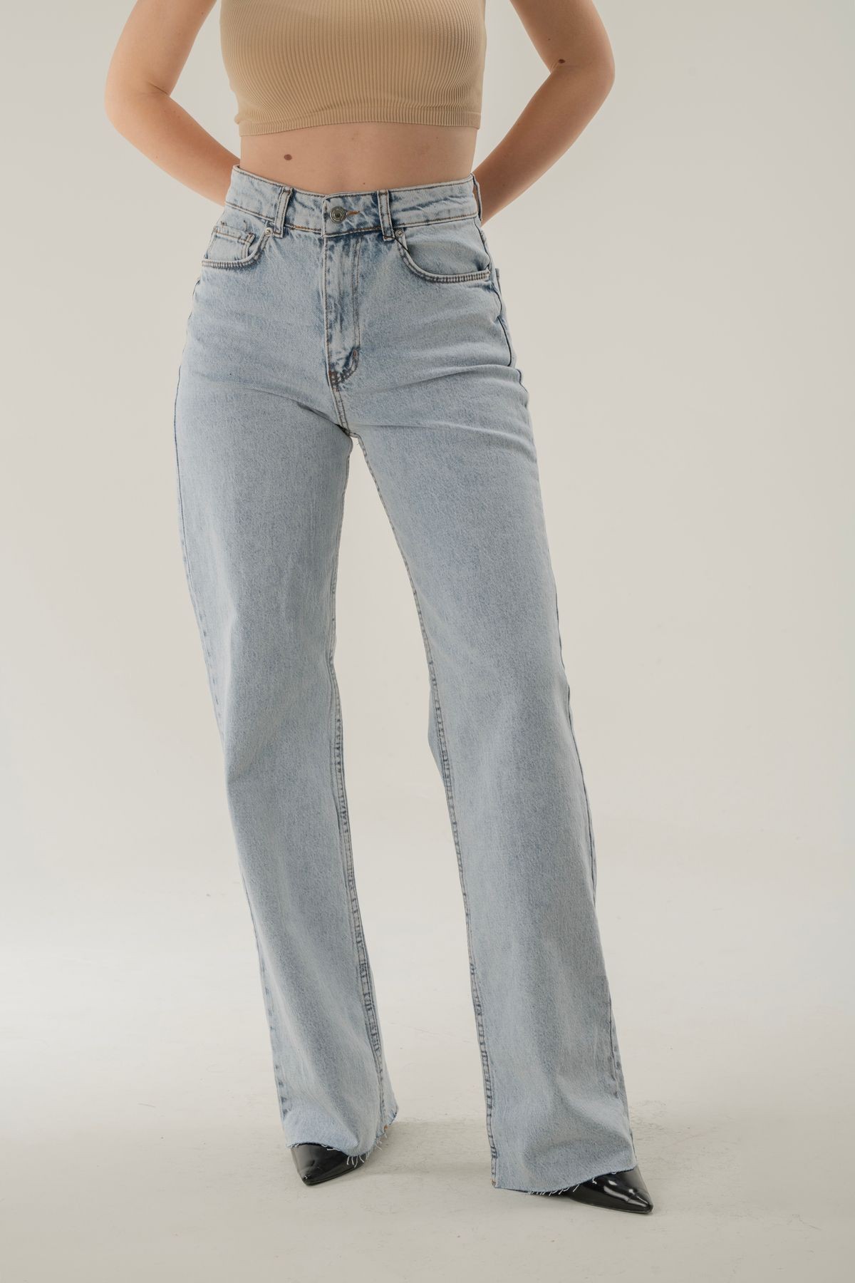 Straight Fit Kesik Paça Jean - açık mavi