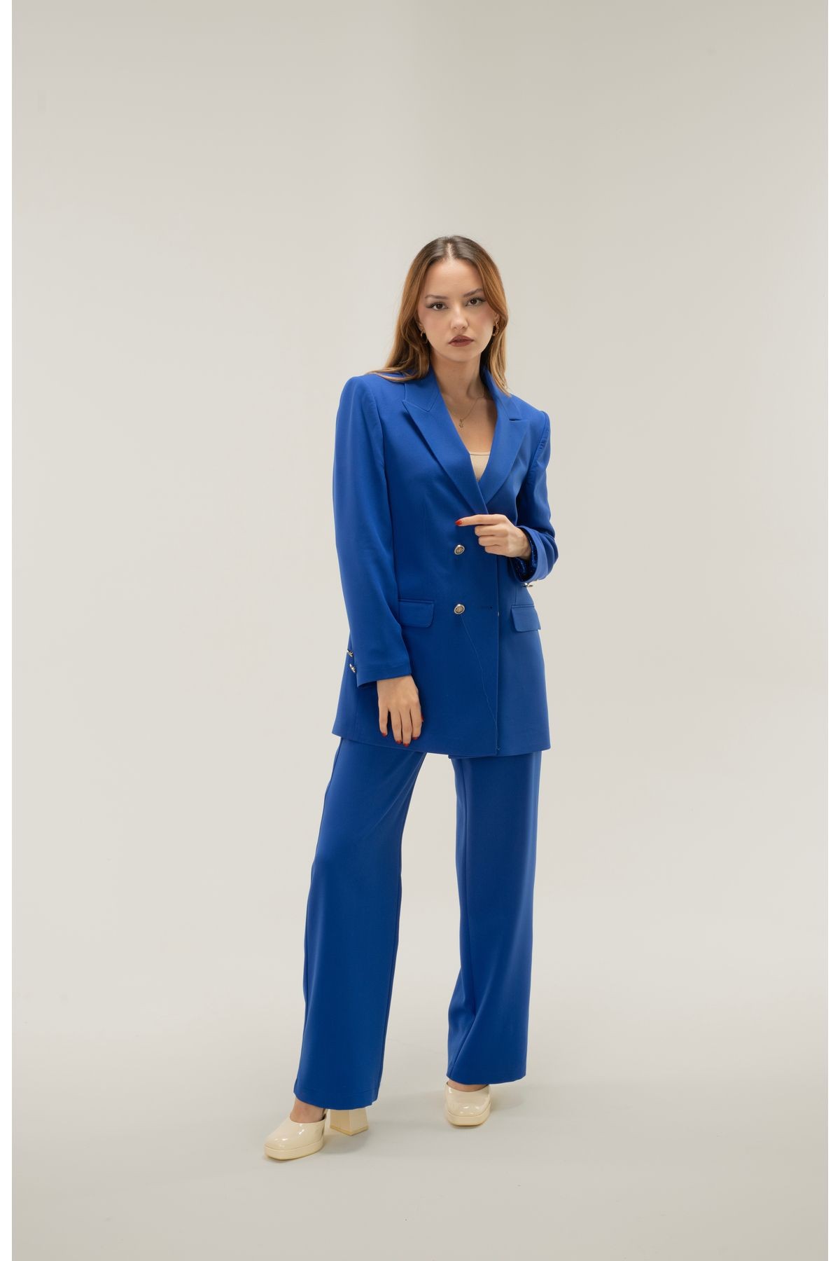 Kruvaze Vatkalı Astarlı Gümüş Düğme Blazer ceket - saks