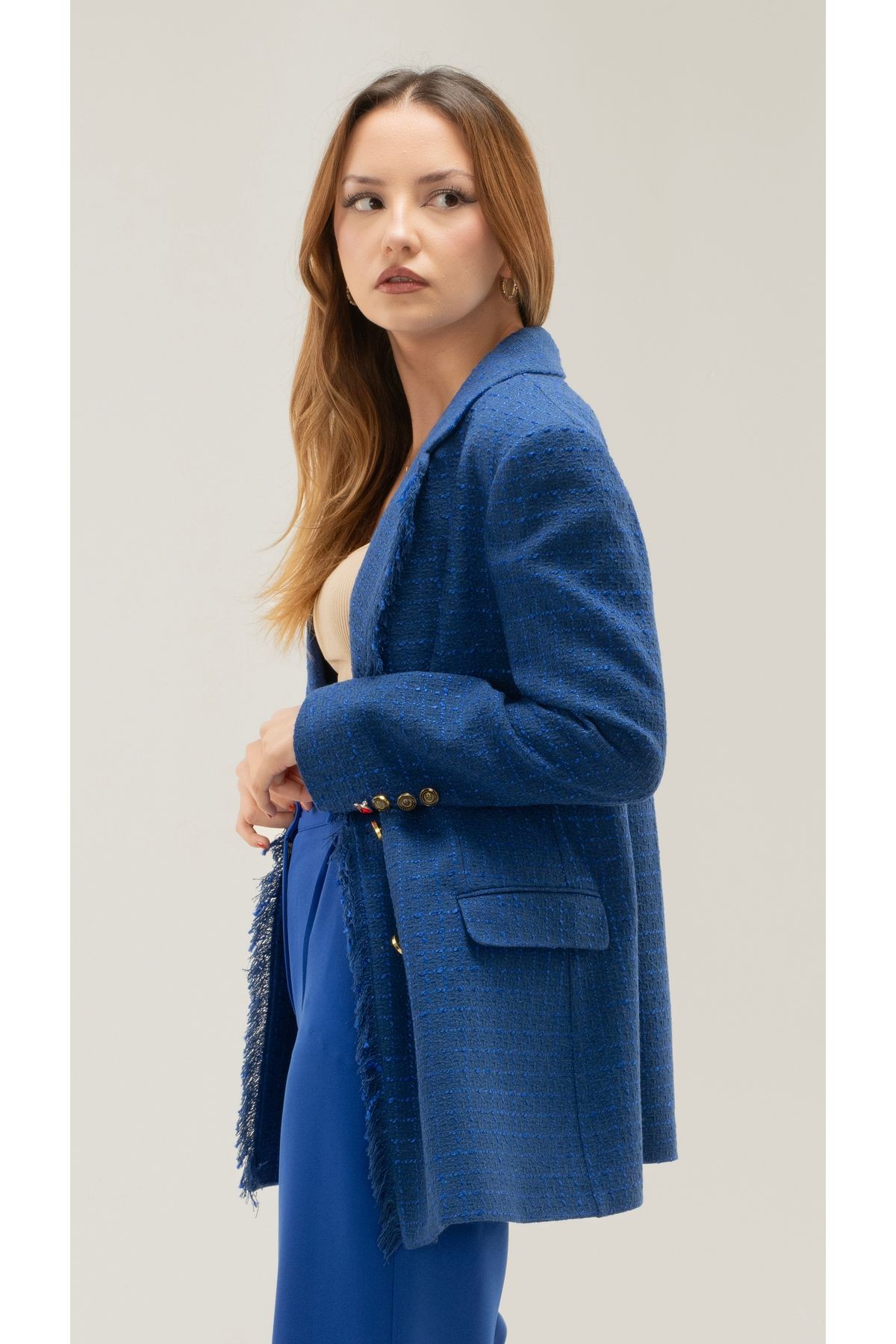 Tüvit Püskülü Astarlı Gold Düğme Blazer Ceket - saks