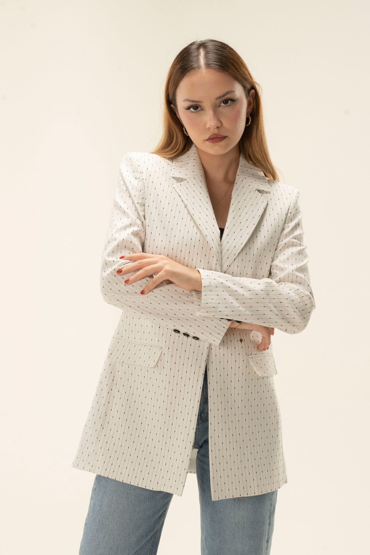 Çizgili Tek Düğme Astarlı Vatkalı Blazer ceket - BEYAZ