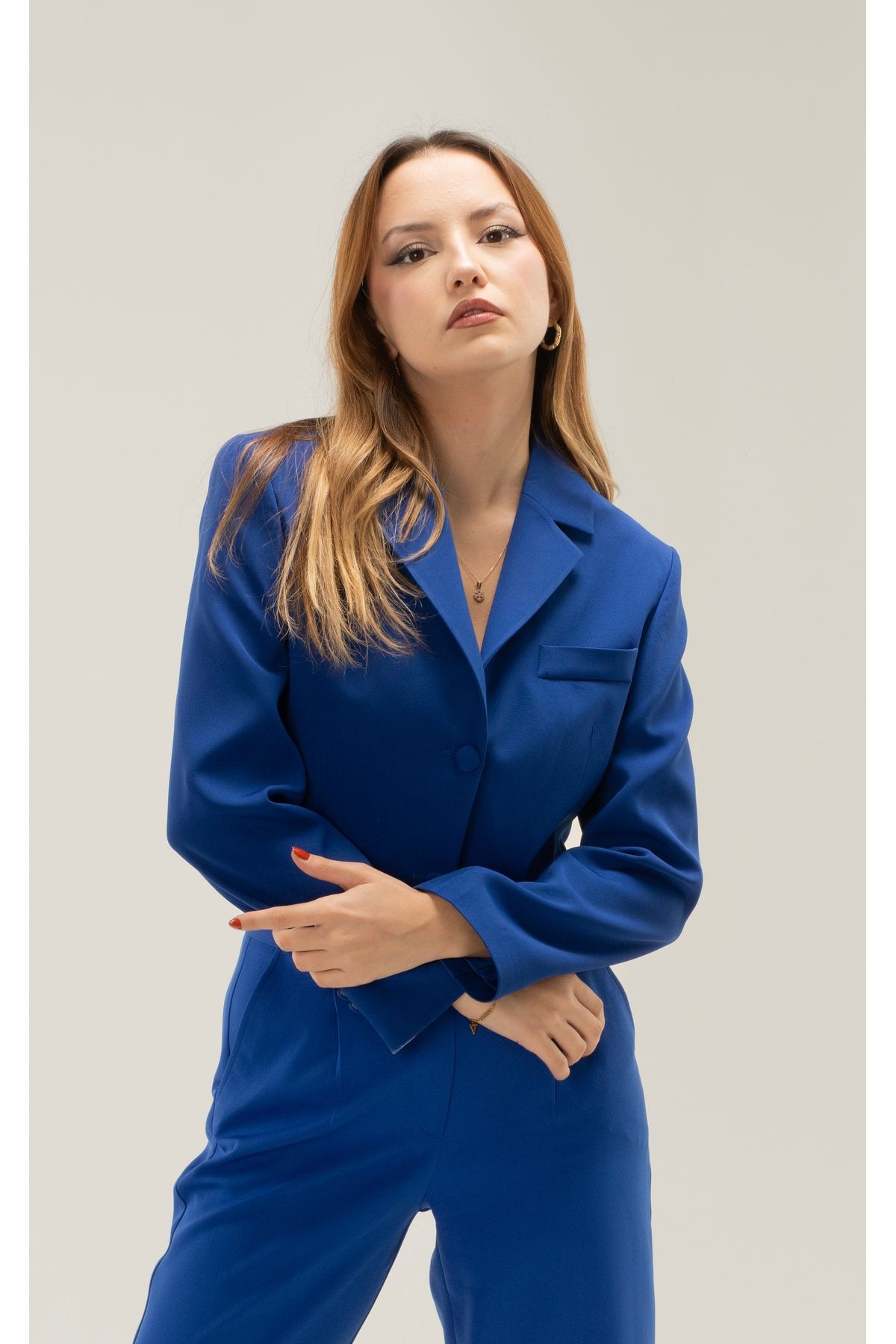  Crop Astarlı Vatkalı Blazer Ceket - saks
