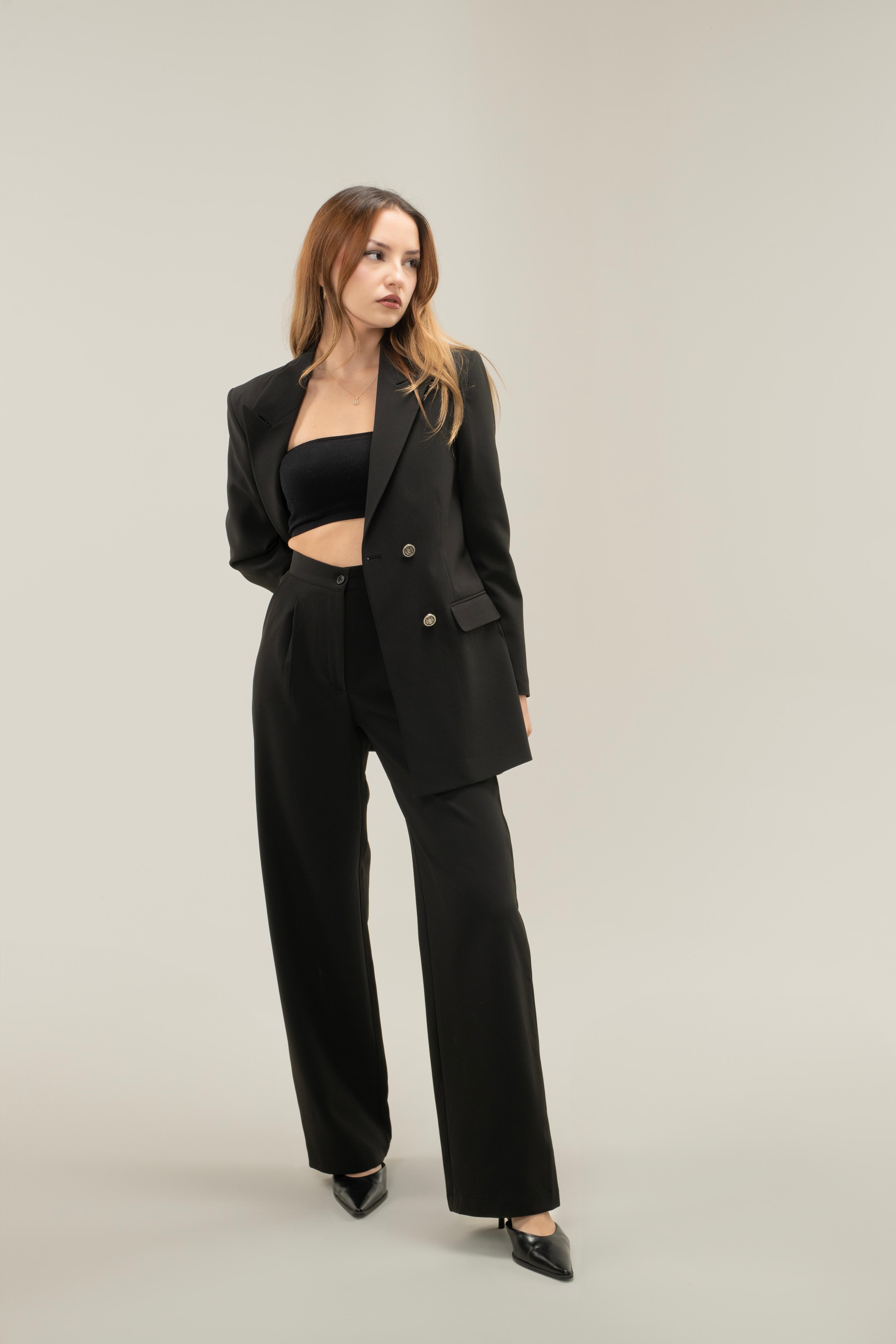 Blazer Ceket-Pantolon Dokuma Alt-Üst Takım - Siyah