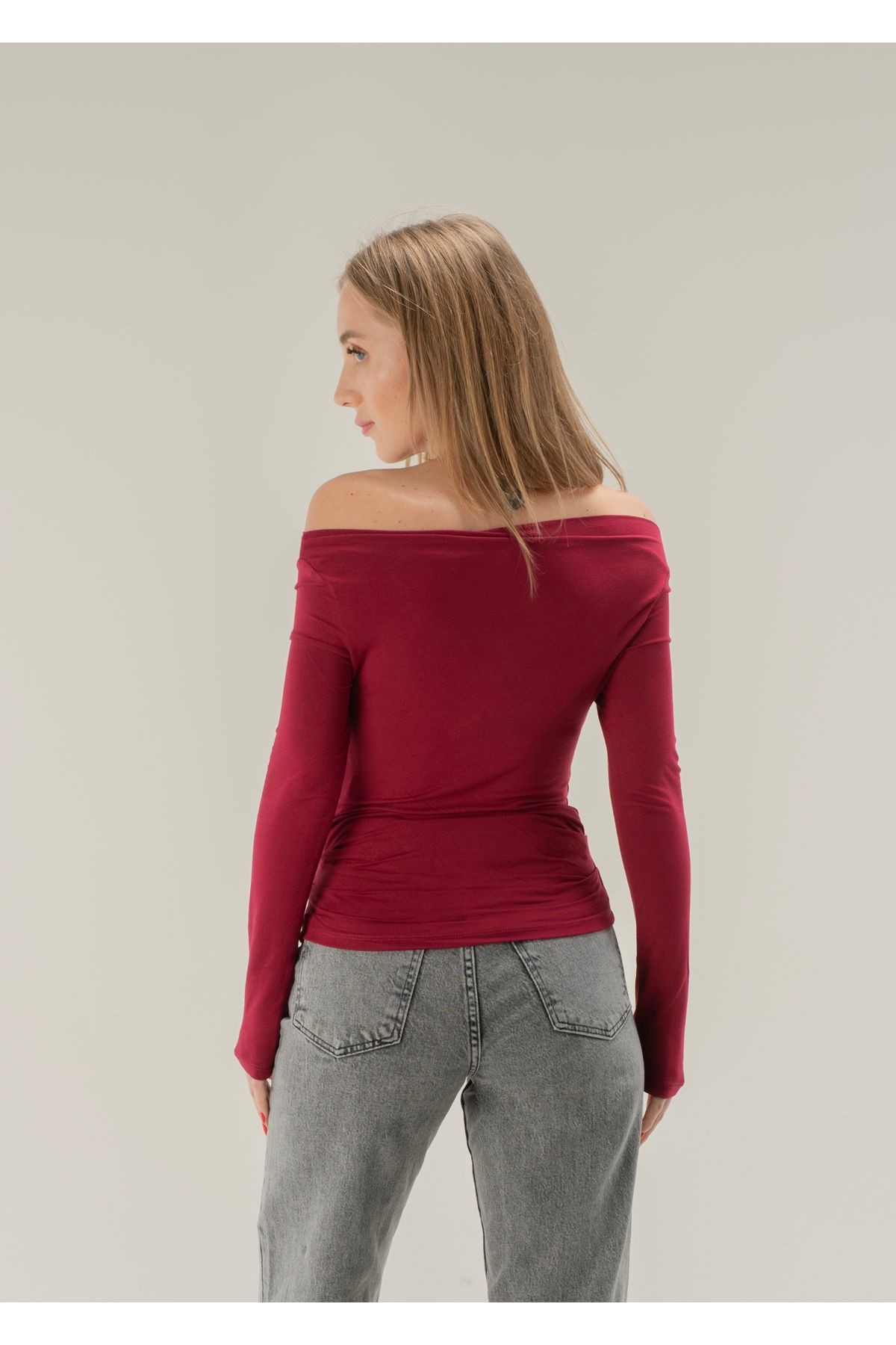 Degaje Yaka Soft Touch Bambu Yan Büzgülü T-shirt - Bordo