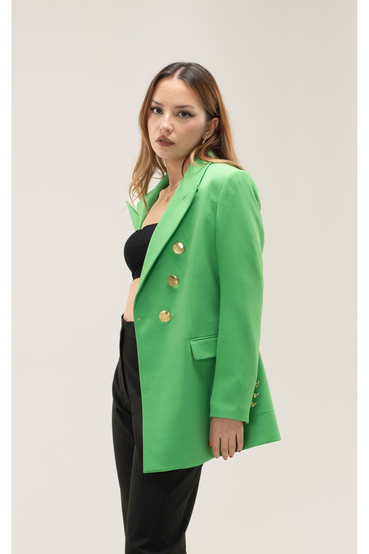 Kruvaze Vatkalı Astarlı Gold Düğme  Blazer ceket - yeşil