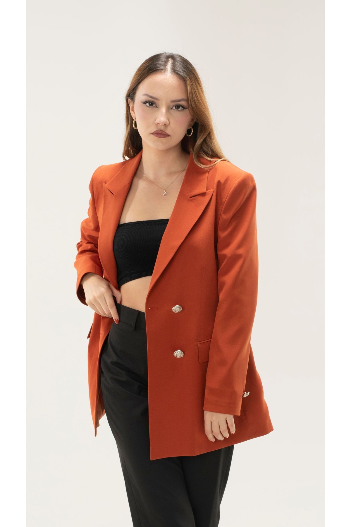 Kruvaze Vatkalı Astarlı Gümüş Düğme Blazer ceket - kiremit
