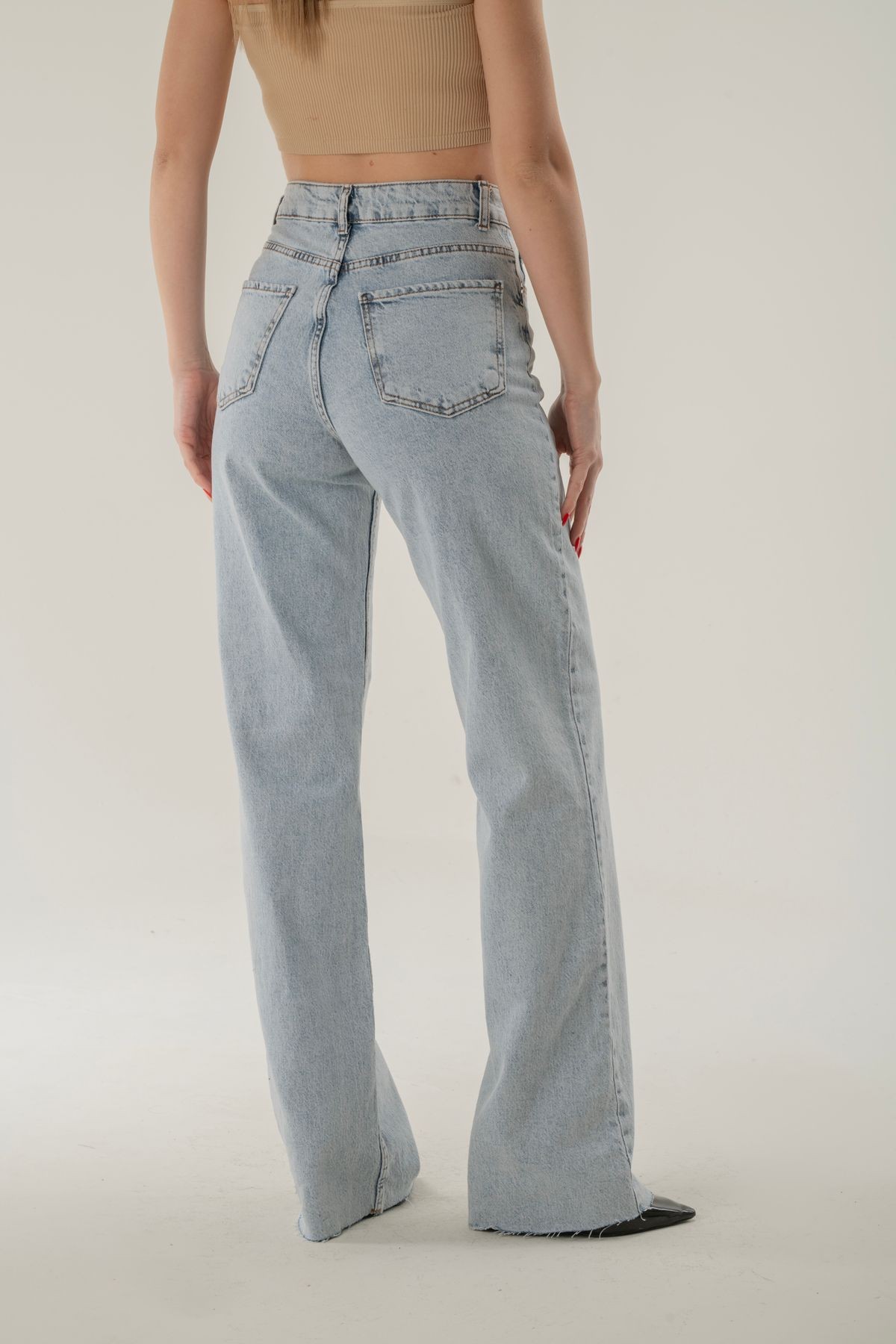 Straight Fit Kesik Paça Jean - açık mavi
