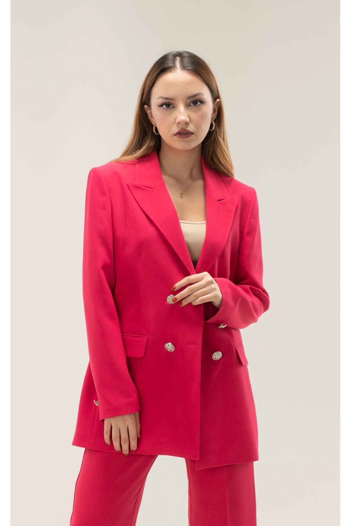 Kruvaze Vatkalı Astarlı Gümüş Düğme Blazer ceket - fuşya