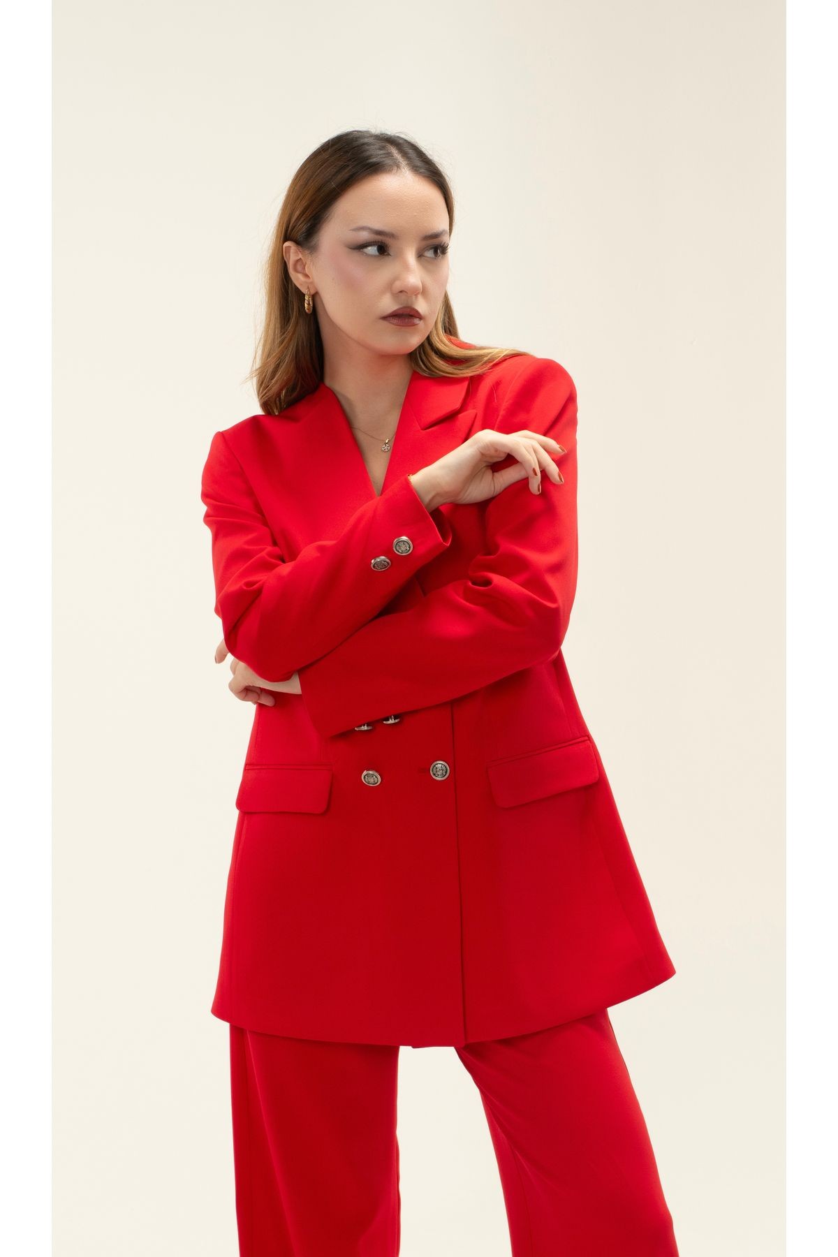 Kruvaze Vatkalı Astarlı Gümüş Düğme Tek Yaka Blazer ceket - Kırmızı