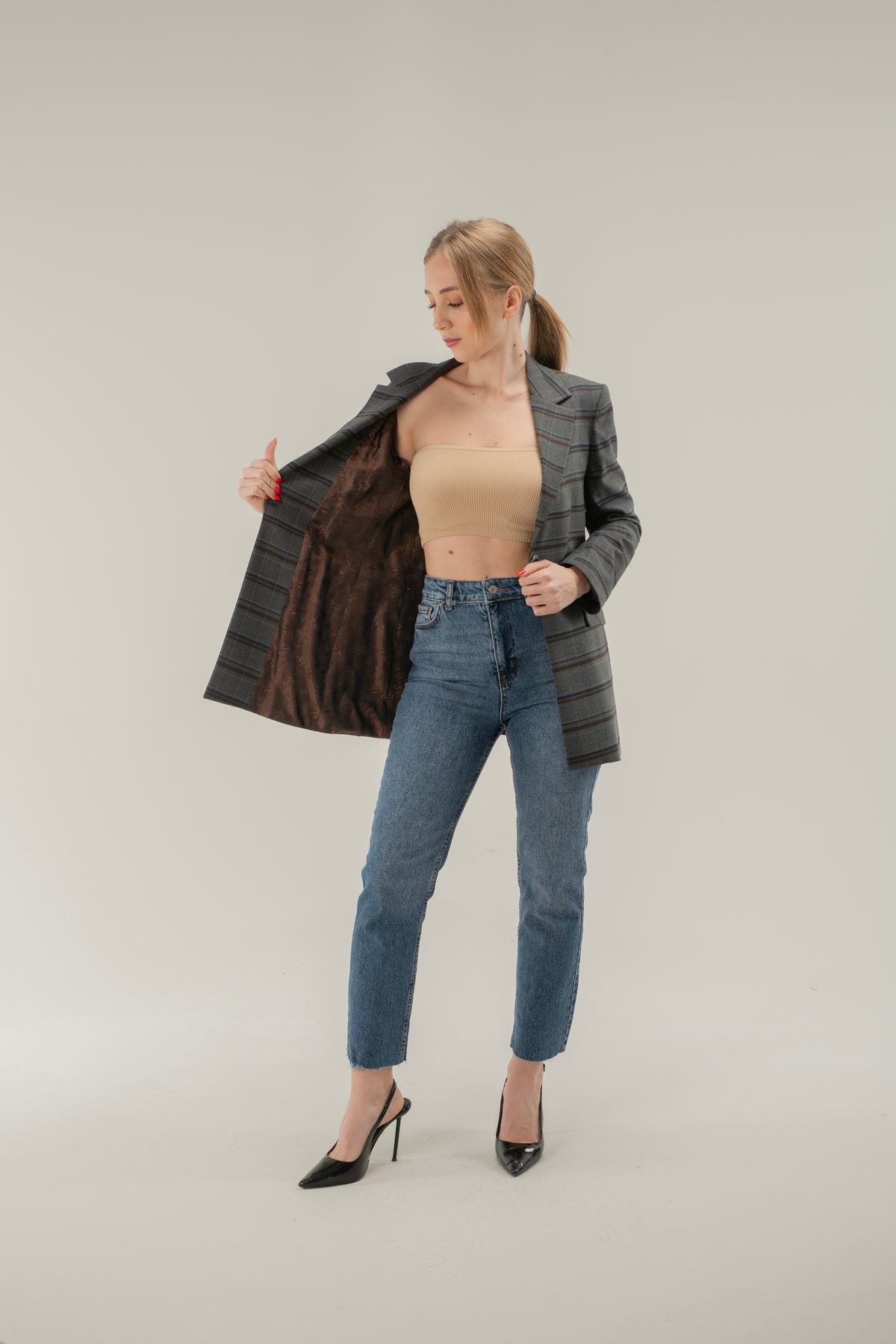 Ekose Dirsek Detaylı Tek Düğme Astarlı Vatkalı Blazer Ceket