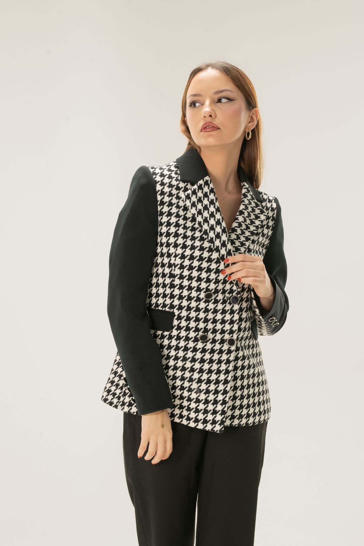 Women's Black Crowbar Pattern Double Button Jacket
