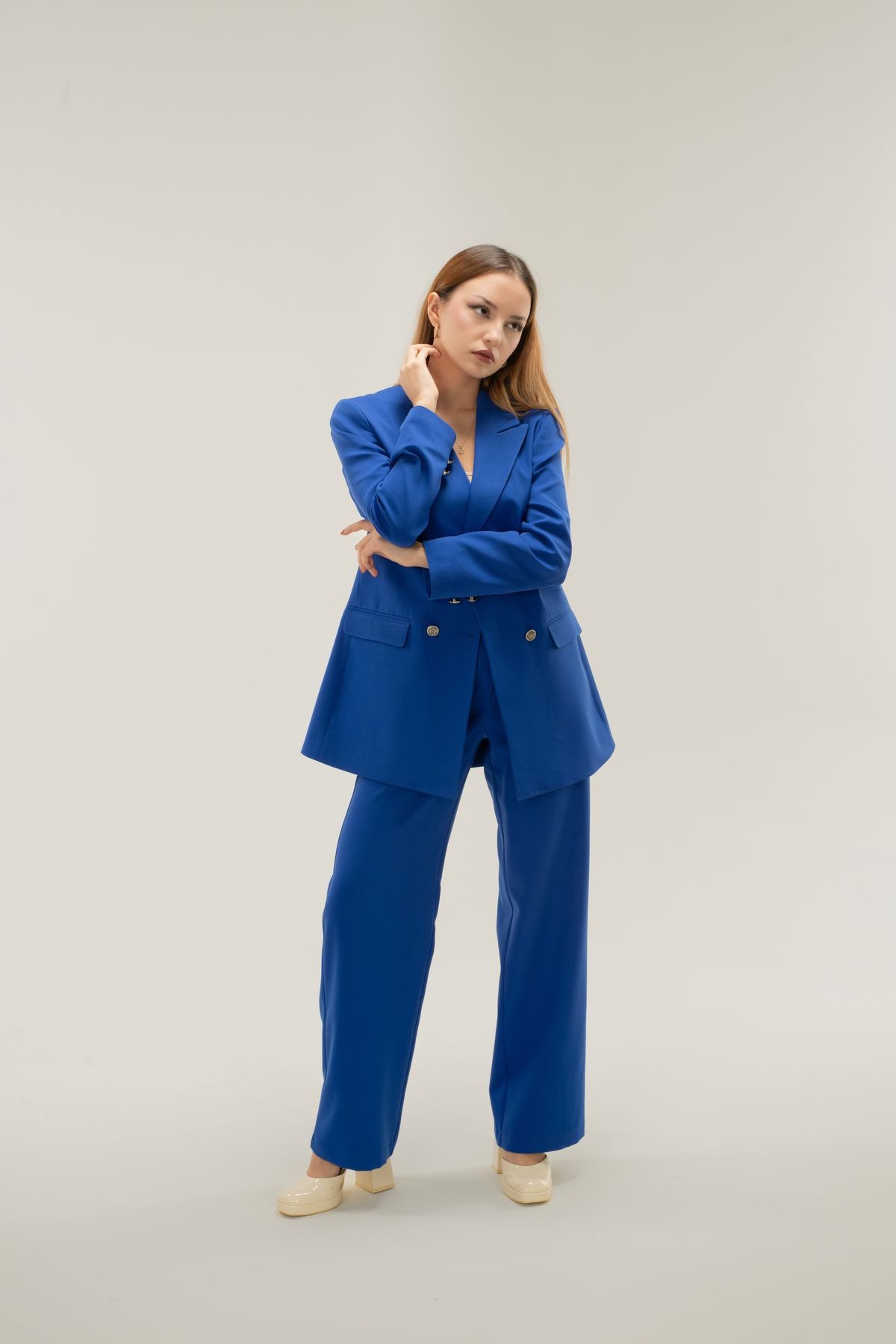 Kruvaze Vatkalı Astarlı Gümüş Düğme Tek Yaka Blazer ceket - saks