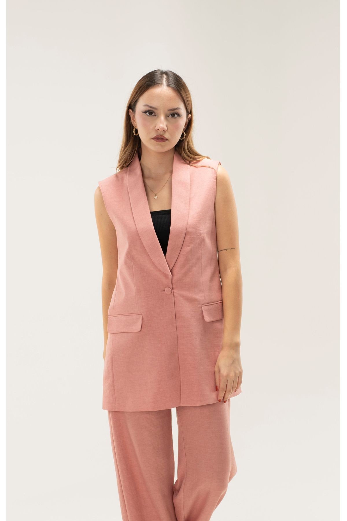 Sofia Keten Kolsuz Astarlı Şal Yaka Blazer Ceket - pembe