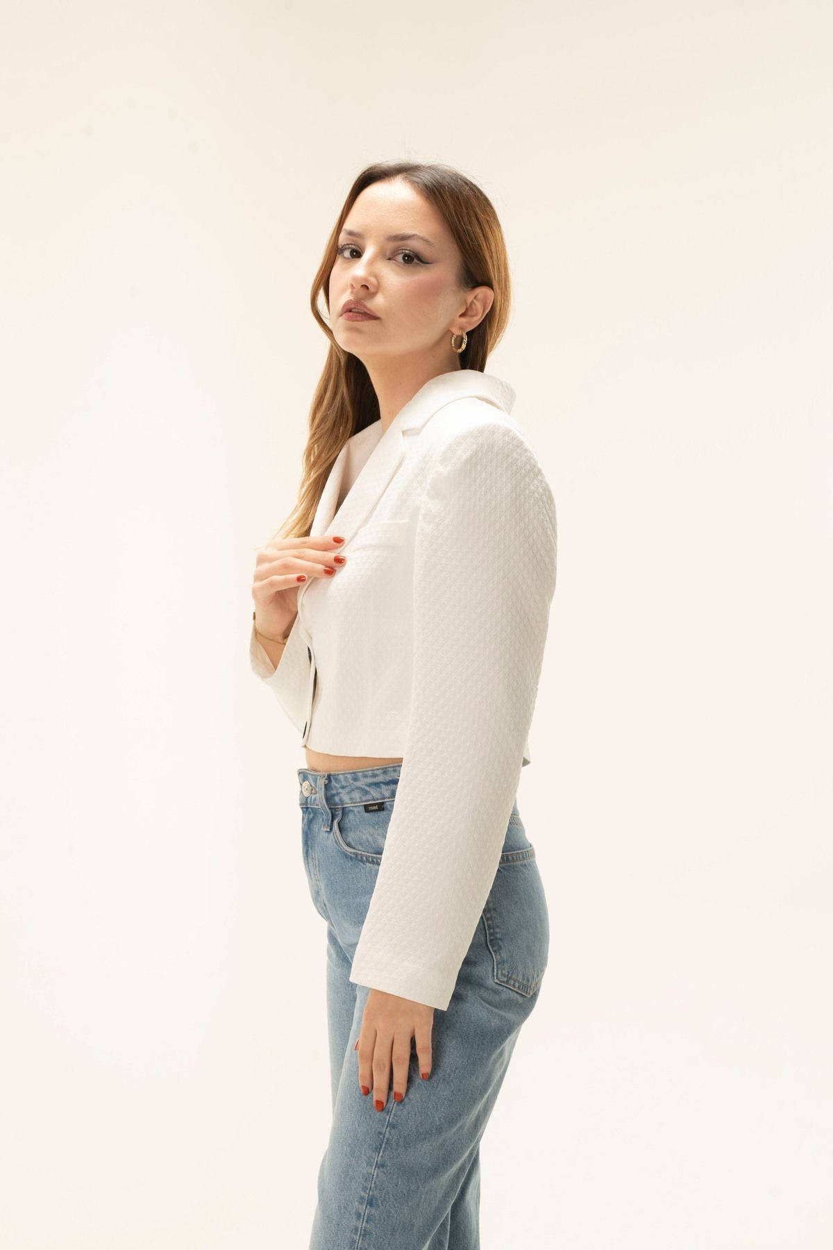 White Seersucker Crop Lined Blazer Jacket