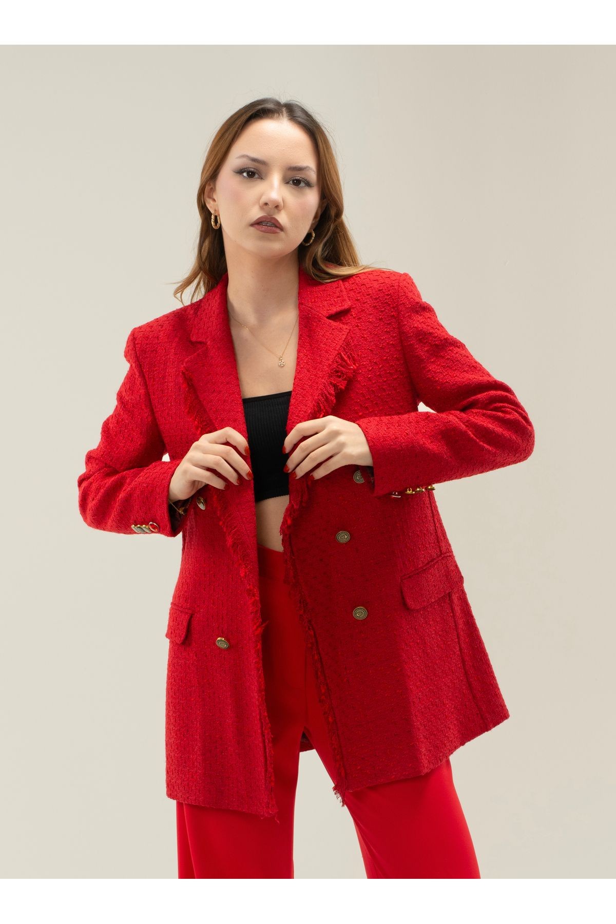 Tüvit Püskülü Astarlı Gold Düğme Blazer Ceket - KIRMIZI