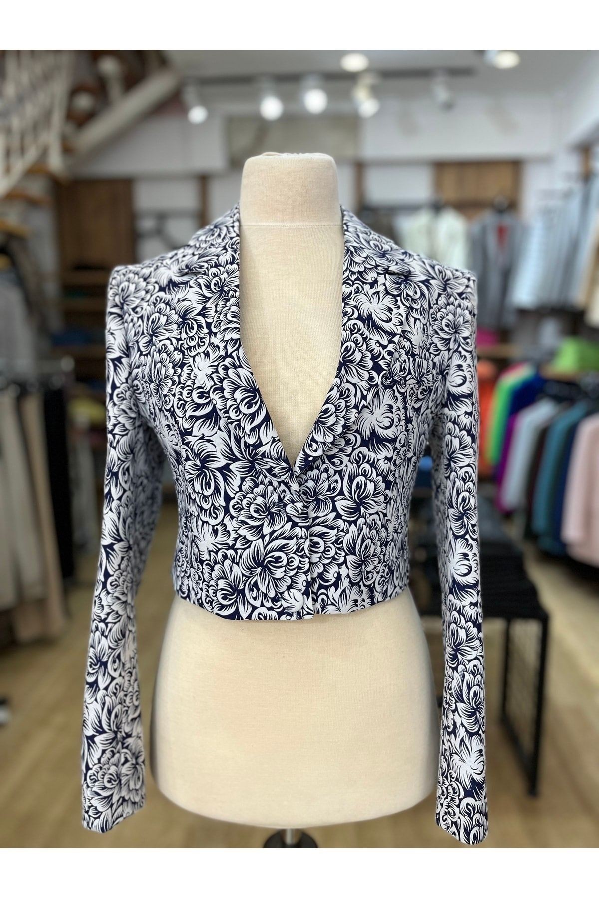Light Green Crop Lined Blazer Jacket - NAVY BLUE PATTERNED