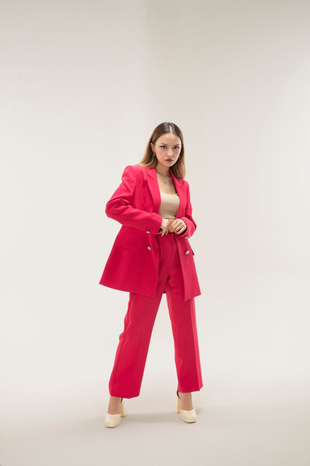 Kruvaze Vatkalı Astarlı Gümüş Düğme Blazer ceket - fuşya