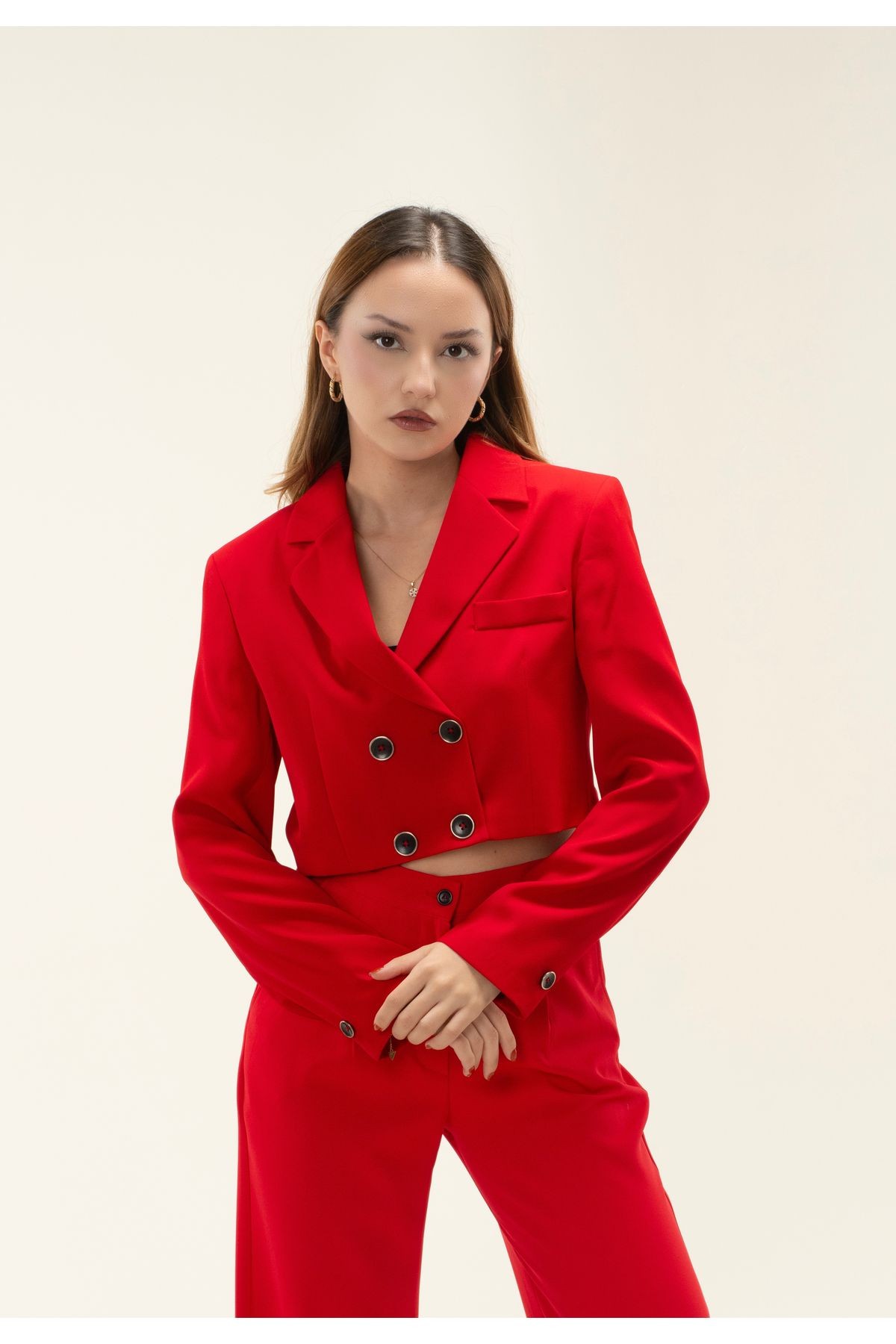  Crop Astarlı Vatkalı Blazer Ceket - Kırmızı
