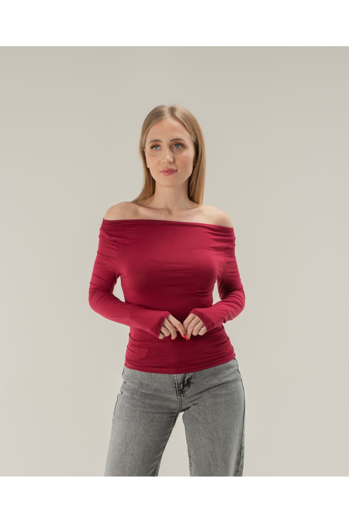 Degaje Yaka Soft Touch Bambu Yan Büzgülü T-shirt - Bordo