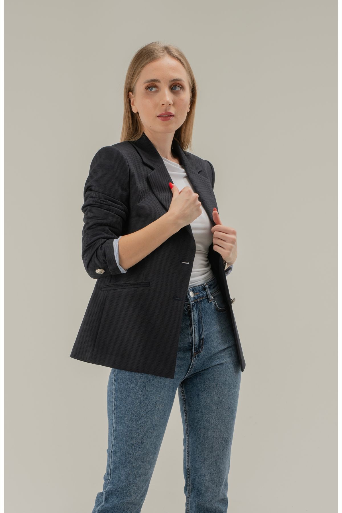 Çift Düğme Kol Astar Detaylı Vatkalı Kısa Blazer ceket