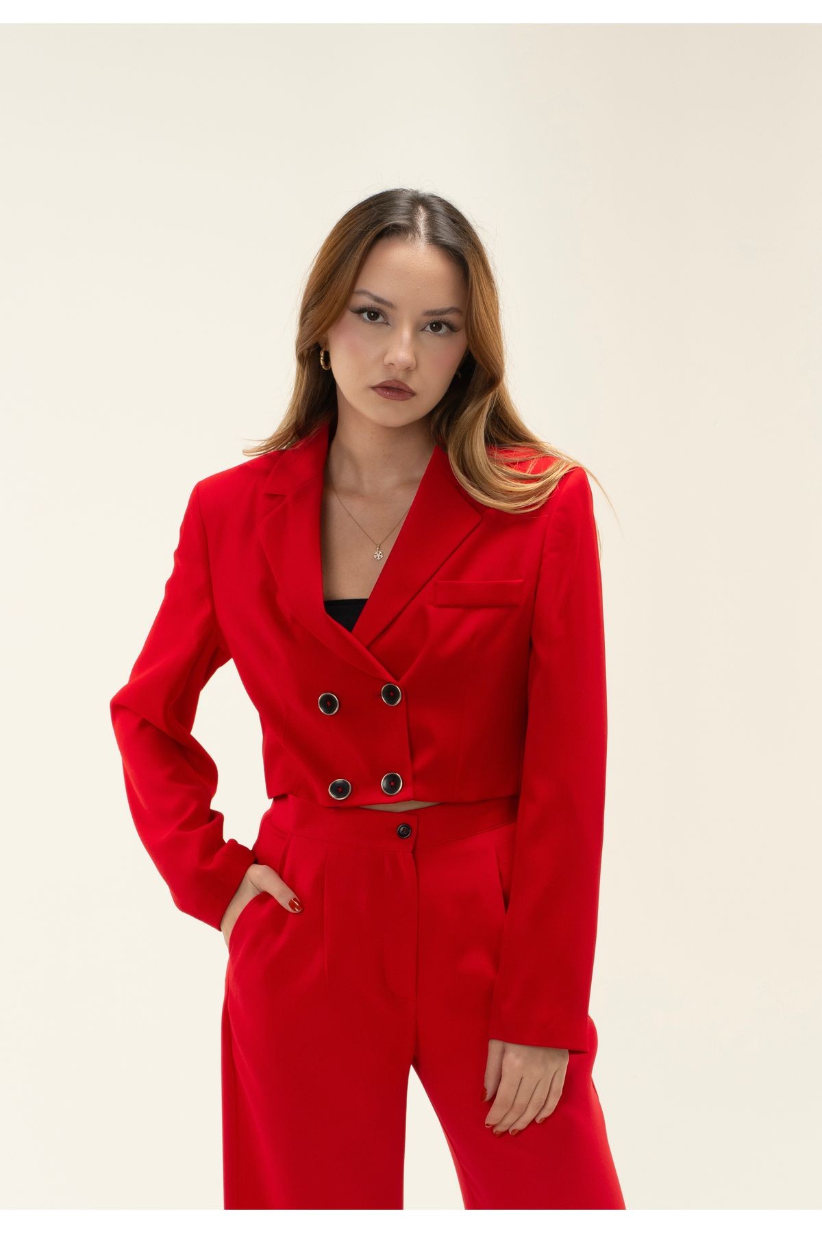 Crop Astarlı Vatkalı Blazer Ceket - Kırmızı