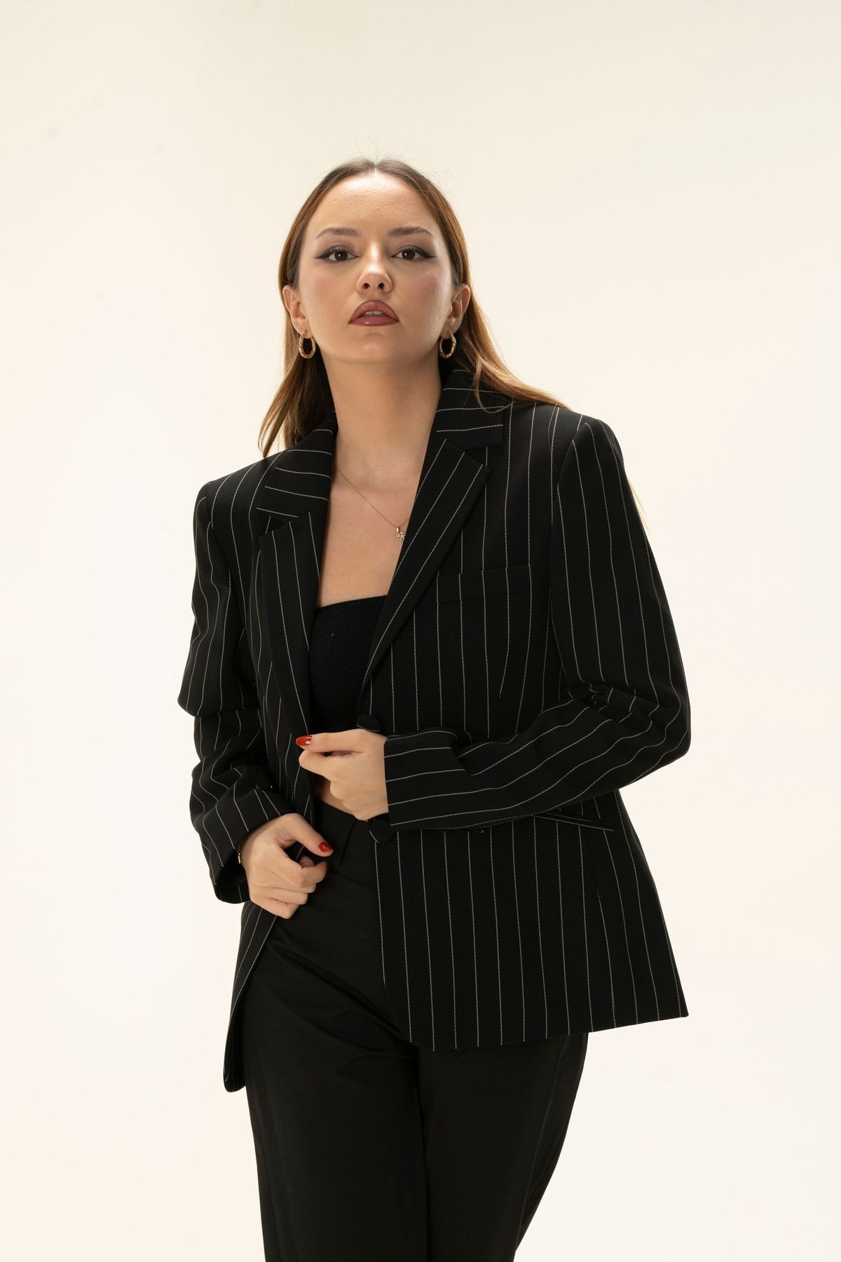 Çizgili Çift Düğme Astarlı Vatkalı Kısa Blazer ceket