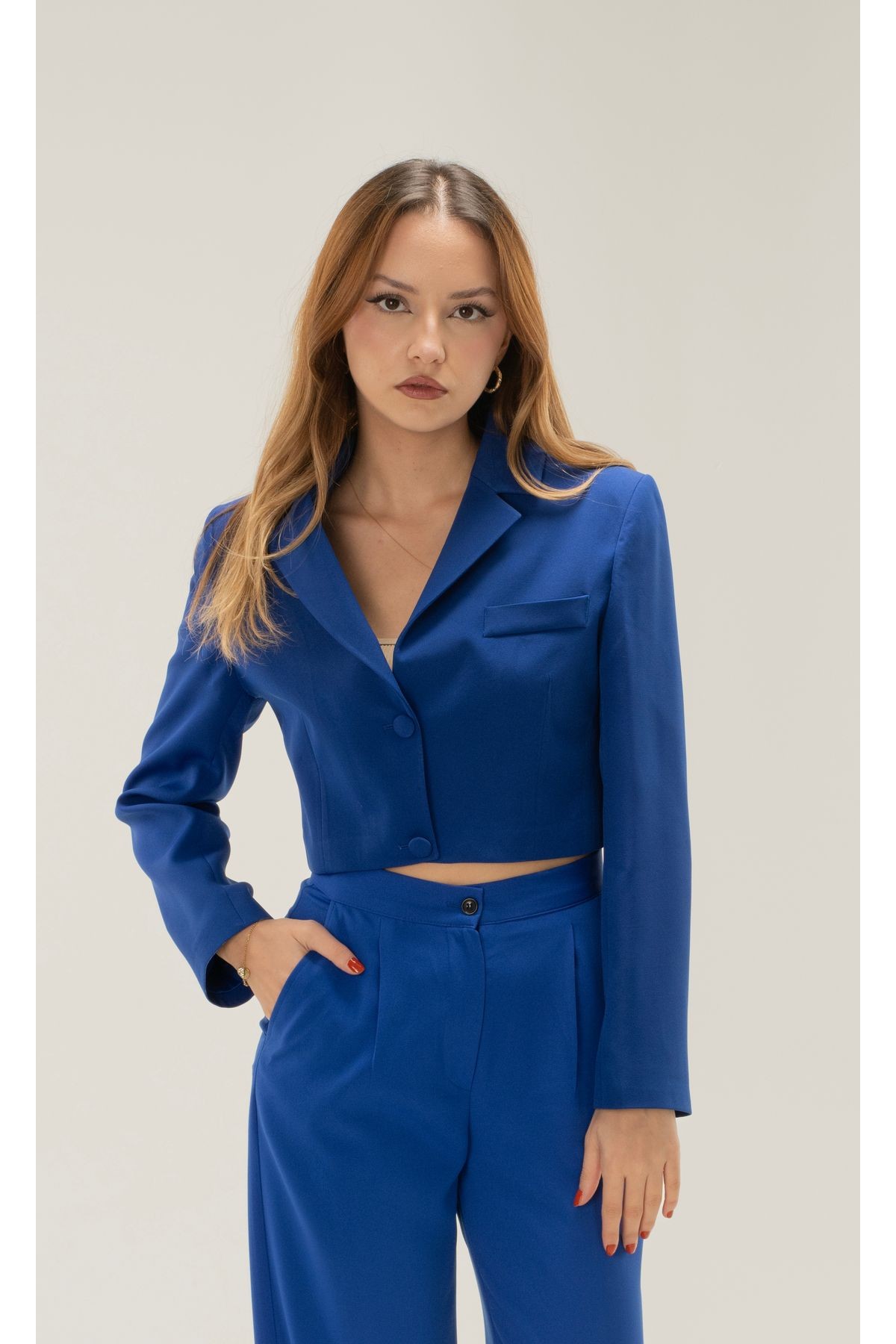  Crop Astarlı Vatkalı Blazer Ceket - saks