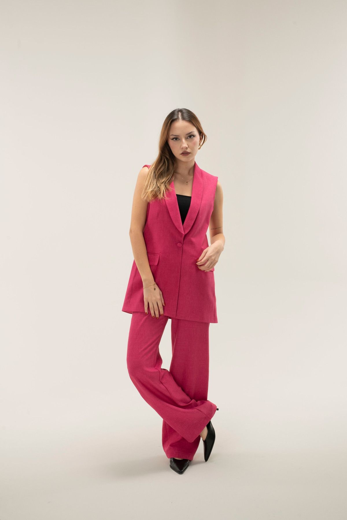 Sofia Keten Kolsuz Astarlı Şal Yaka Blazer Ceket - fuşya