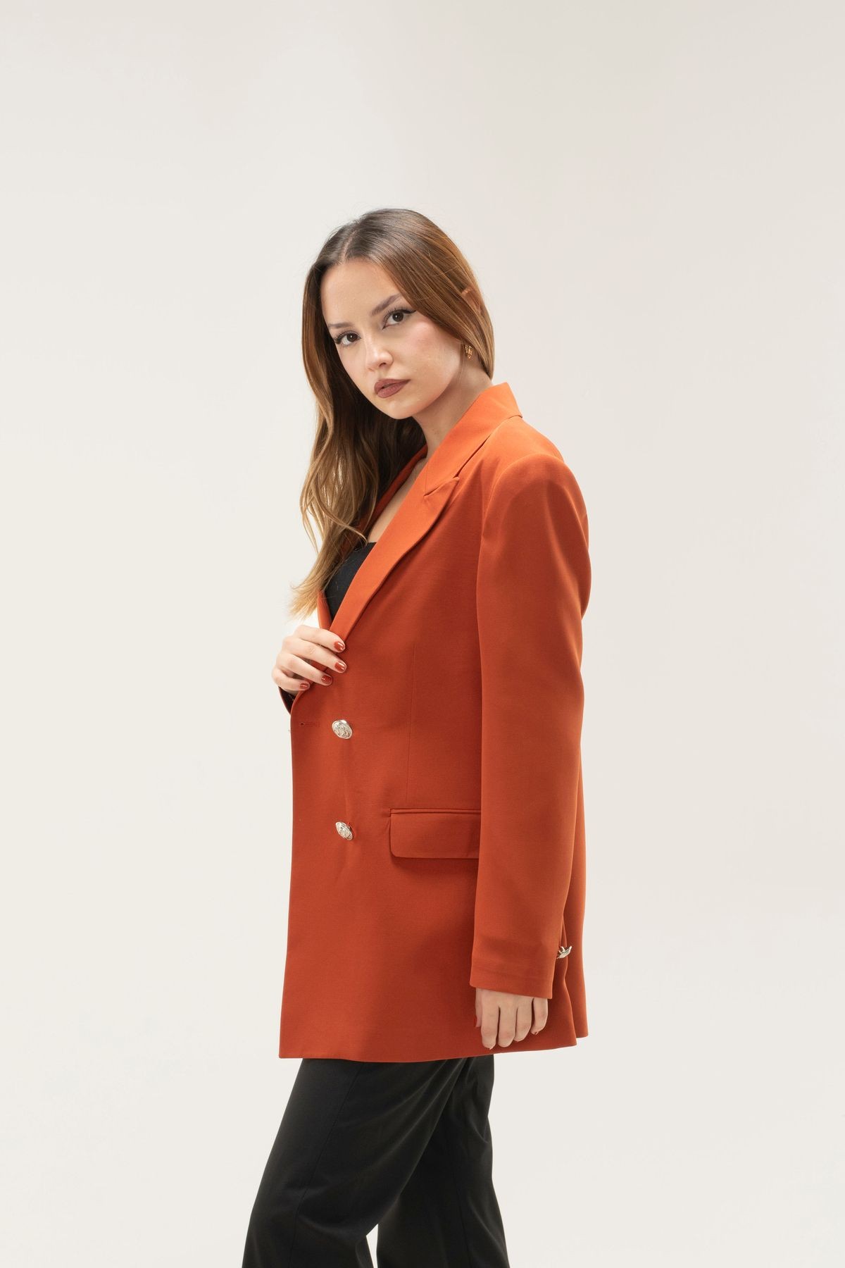 Kruvaze Vatkalı Astarlı Gümüş Düğme Blazer ceket - kiremit