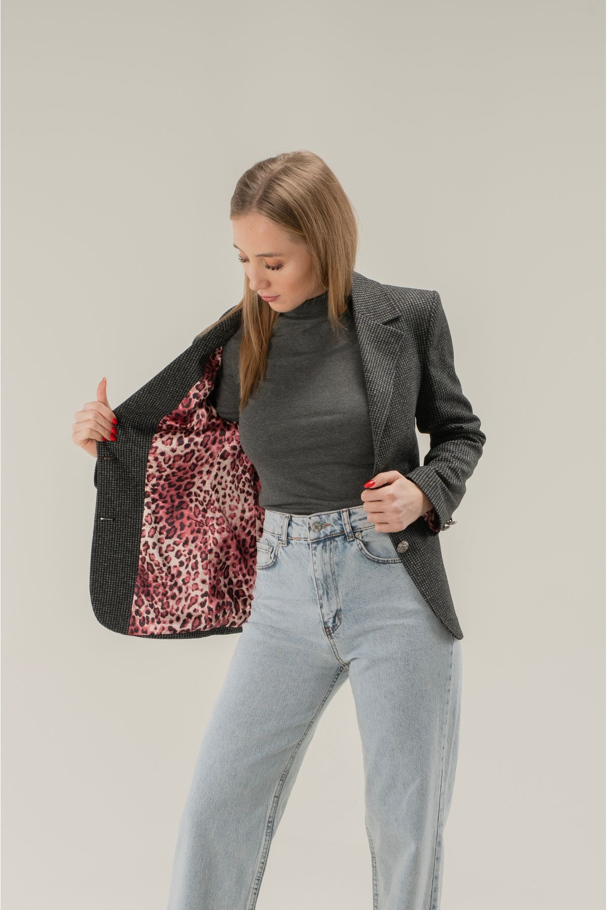 Leopar Astarlı Blazer Ceket Çift Düğme-EXCLUSİVE