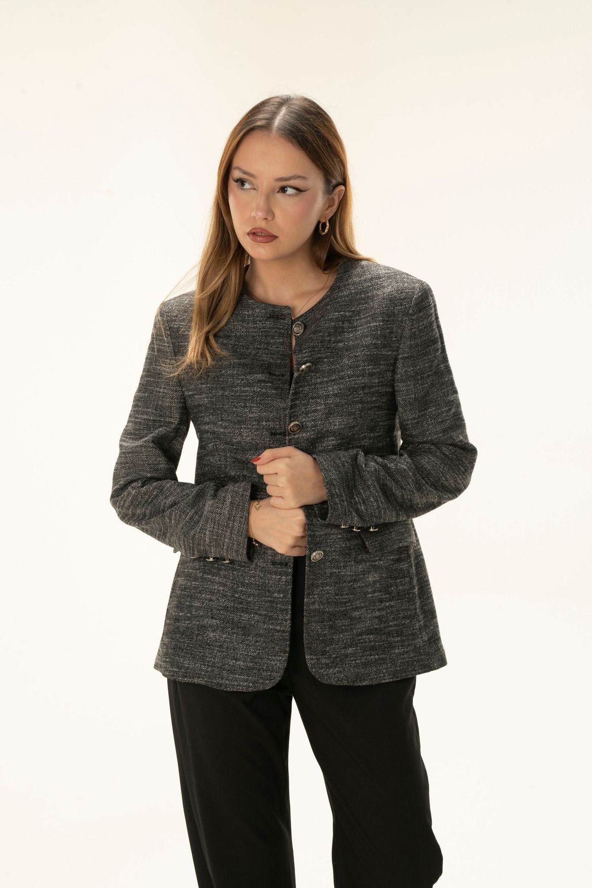Full Button Lined Wadded Short Wool Blazer jacket with Bicycle Collar
