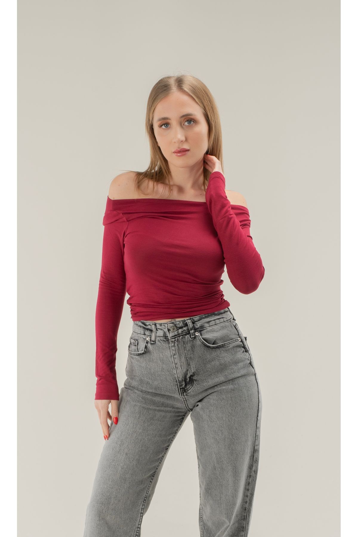 Degaje Yaka Soft Touch Bambu Yan Büzgülü T-shirt - Bordo