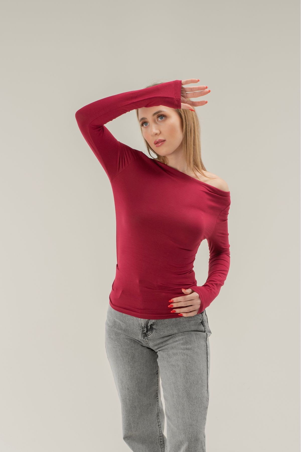 Degaje Yaka Soft Touch Bambu Yan Büzgülü T-shirt - Bordo