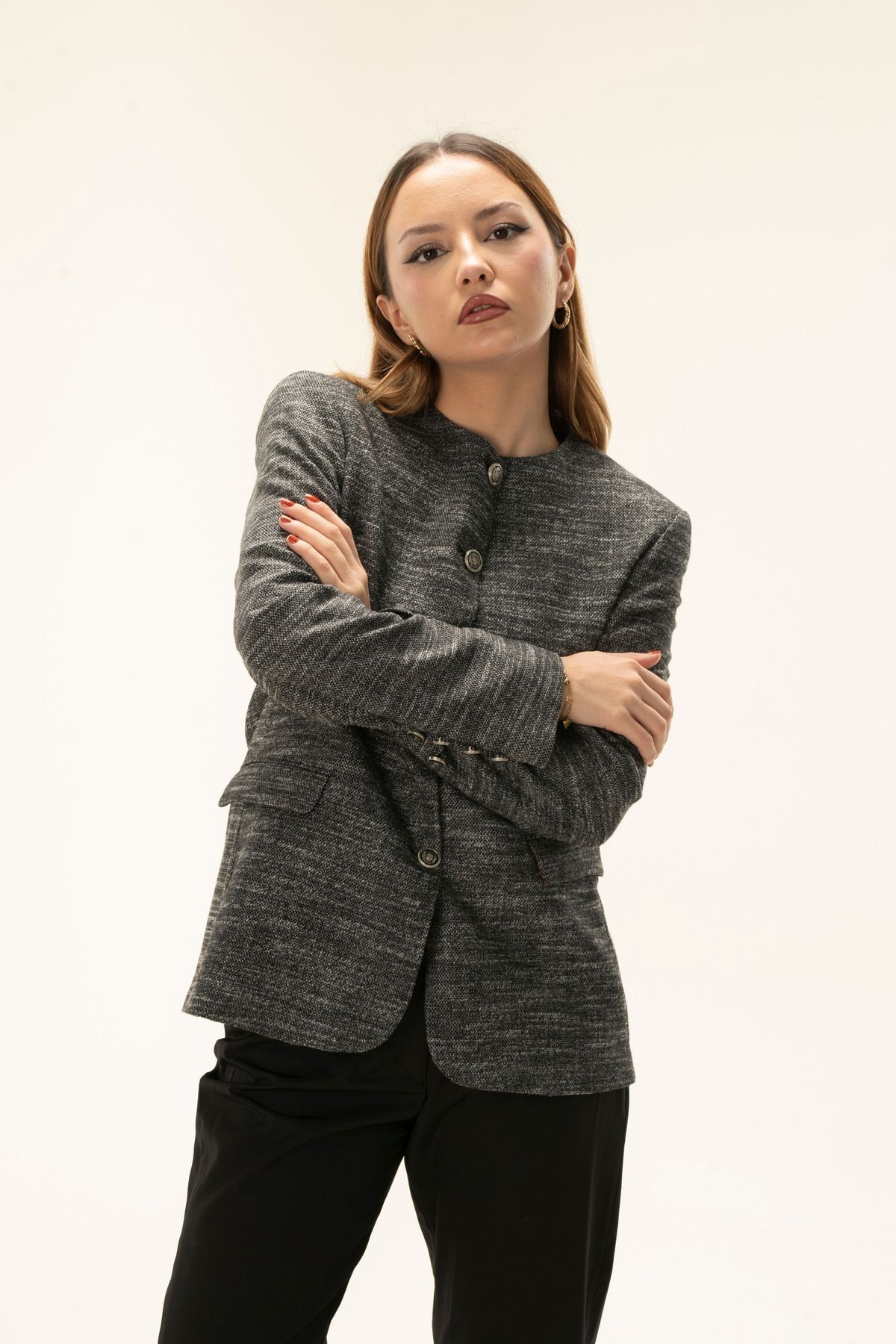 Full Button Lined Wadded Short Wool Blazer jacket with Bicycle Collar