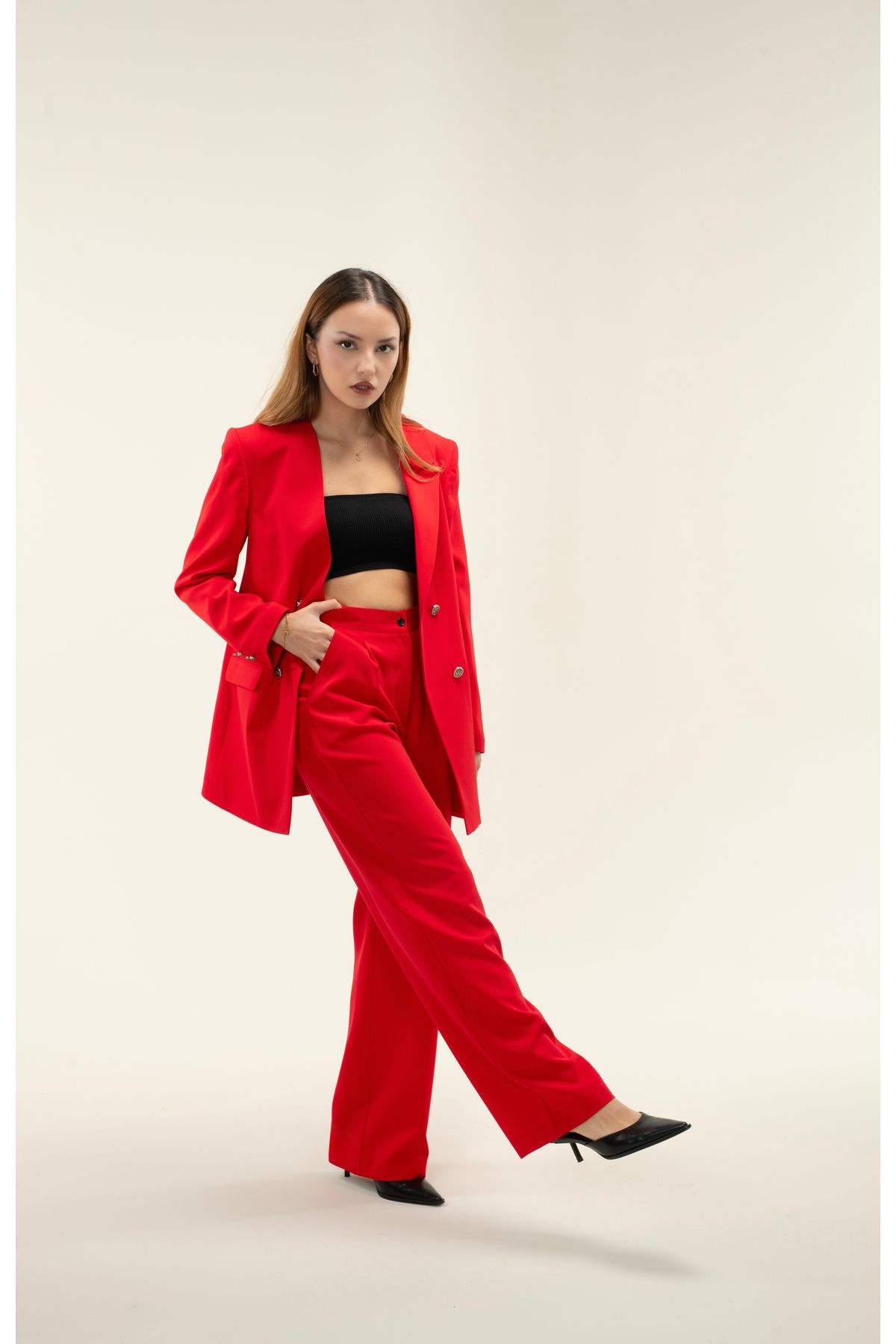 Kruvaze Vatkalı Astarlı Gümüş Düğme Tek Yaka Blazer ceket - Kırmızı