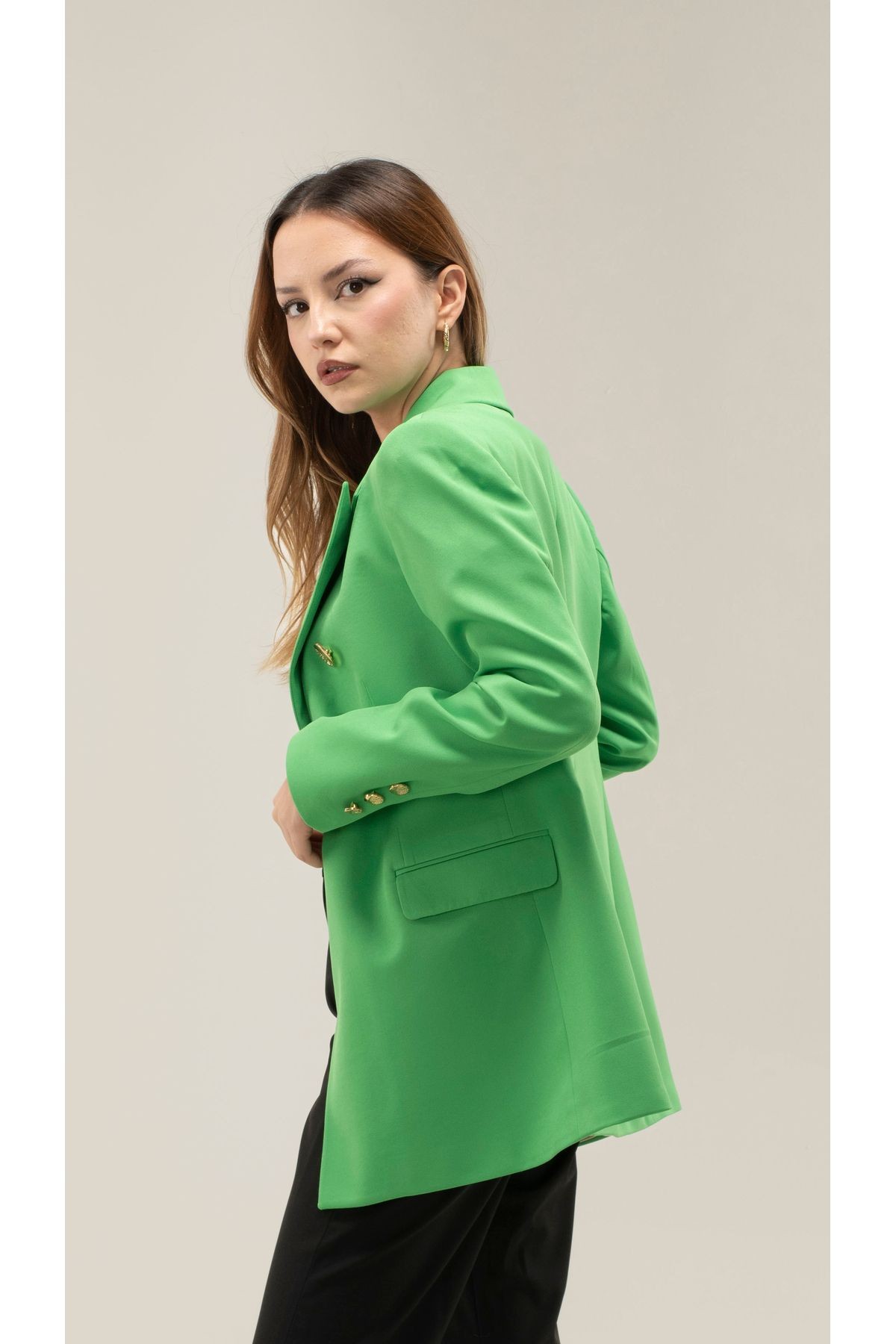 Kruvaze Vatkalı Astarlı Gold Düğme  Blazer ceket - yeşil