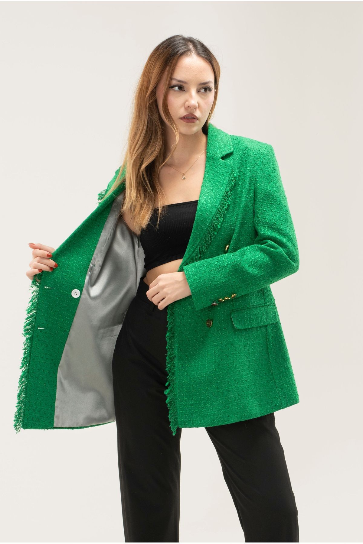 Tüvit Püskülü Astarlı Gold Düğme Blazer Ceket - YEŞİL