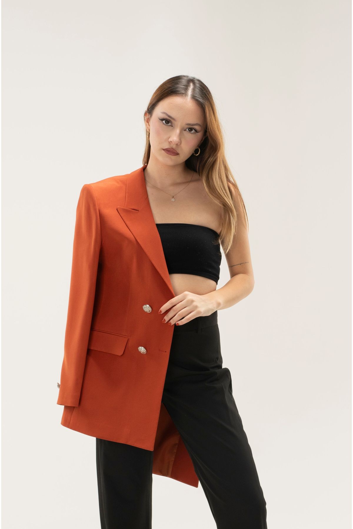 Kruvaze Vatkalı Astarlı Gümüş Düğme Blazer ceket - kiremit