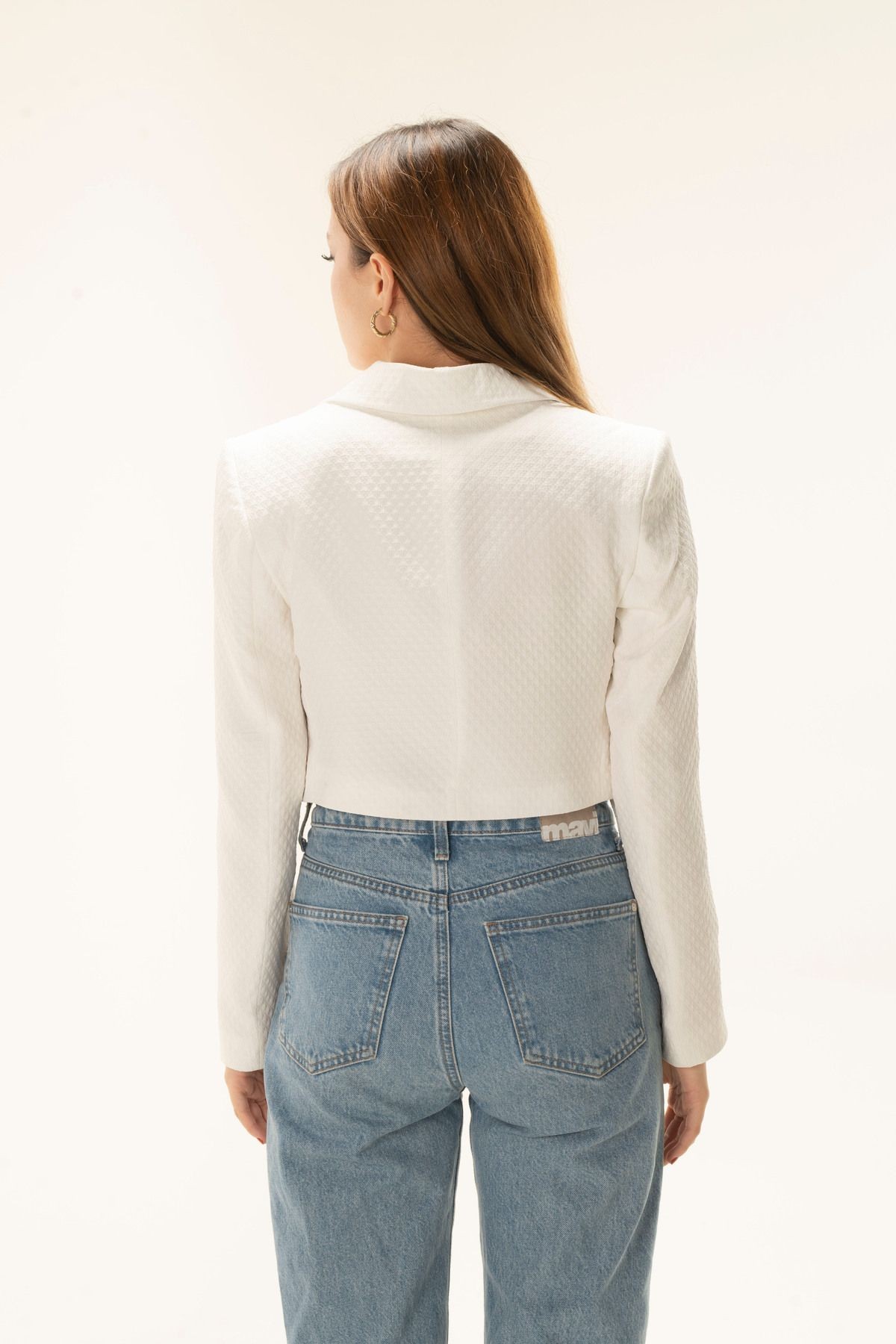 White Seersucker Crop Lined Blazer Jacket