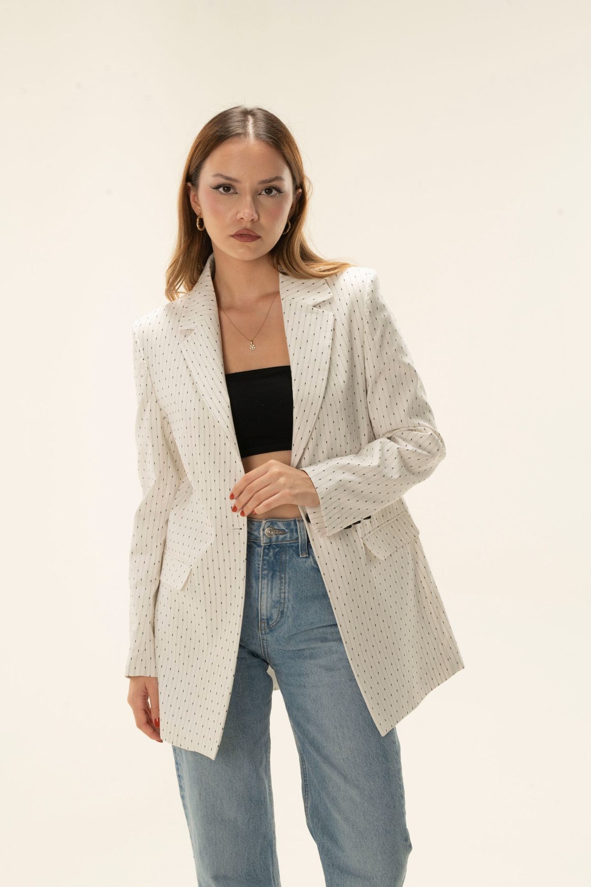 Çizgili Tek Düğme Astarlı Vatkalı Blazer ceket - BEYAZ
