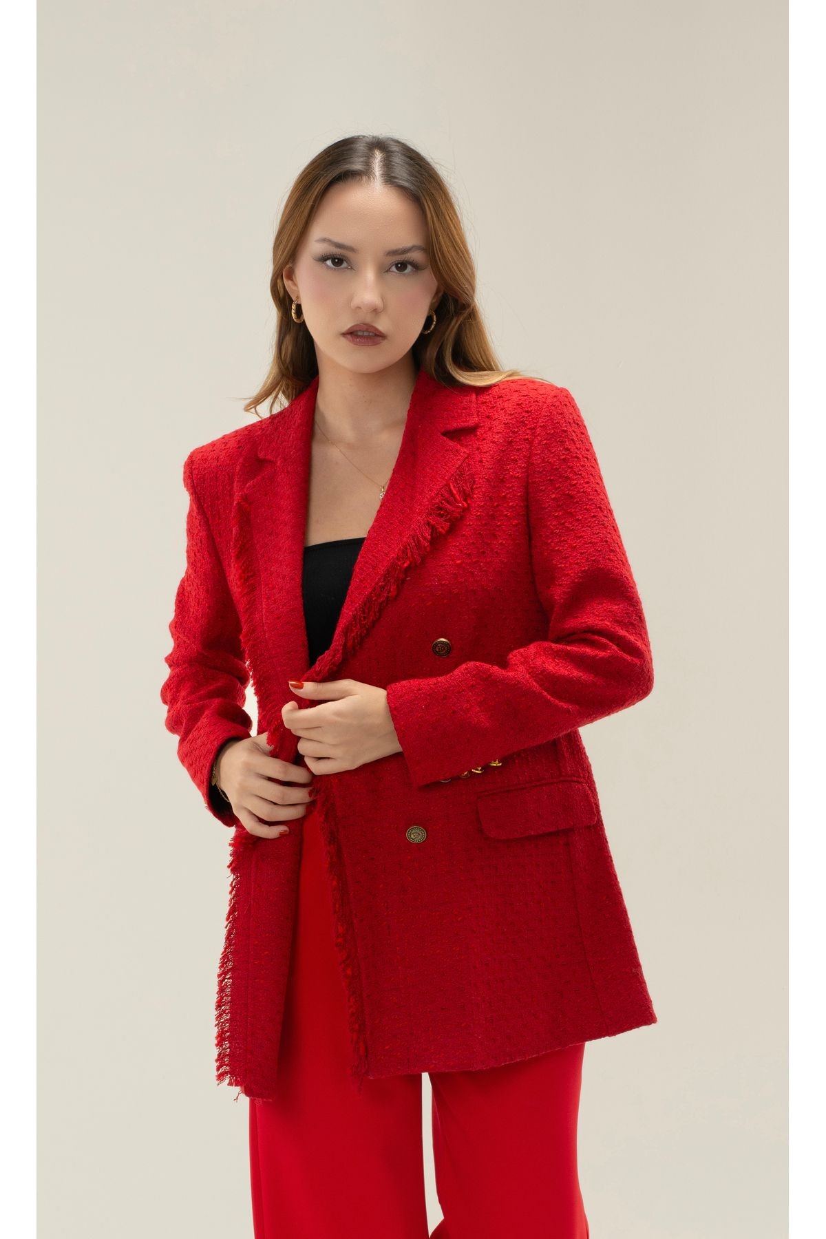 Tüvit Püskülü Astarlı Gold Düğme Blazer Ceket - KIRMIZI